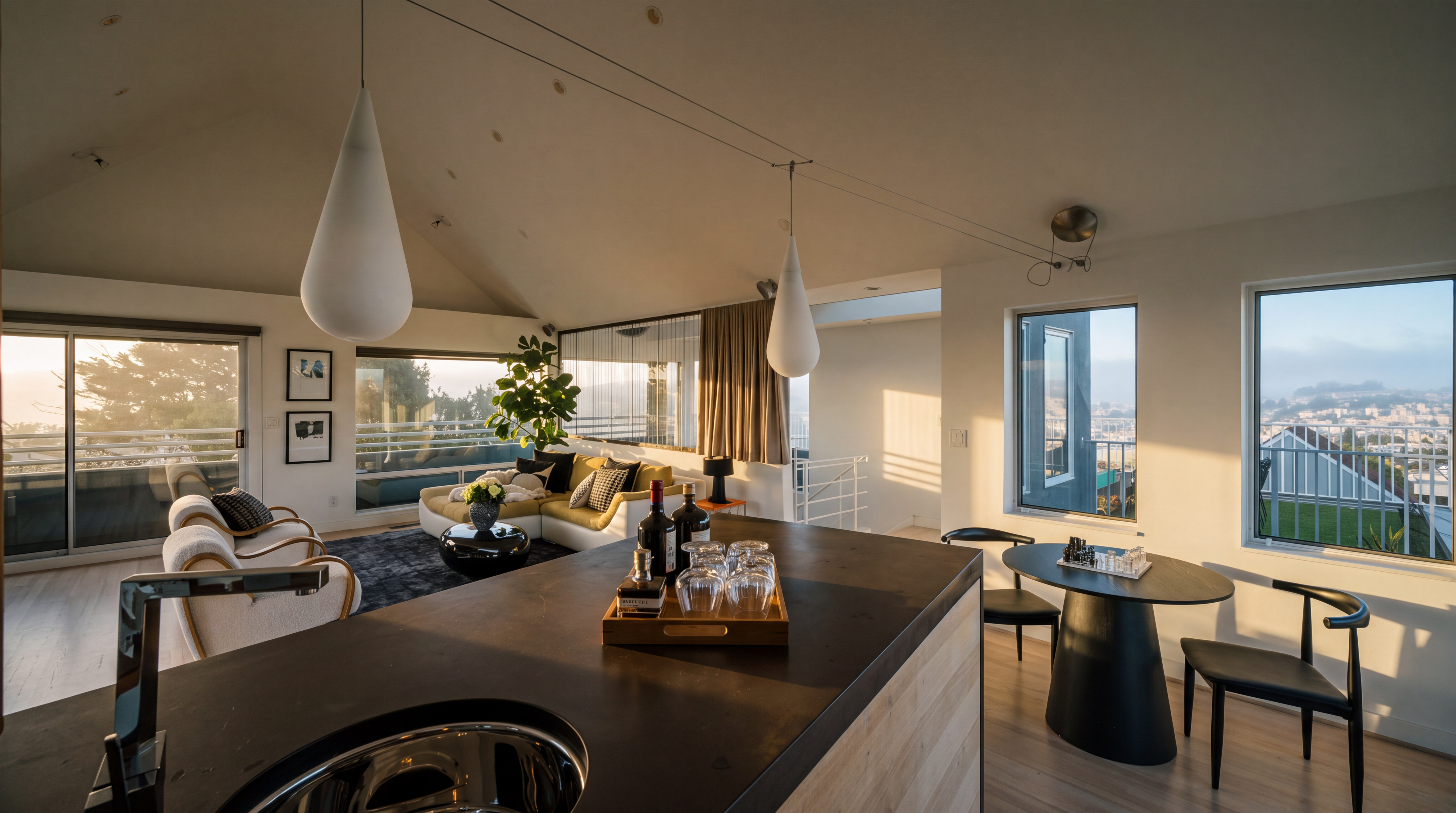This bright, open-concept living space features a modern kitchen island with a dark countertop and a built-in sink, serving as the focal point in the foreground. Beyond the island, the room transitions into a cozy living area with a plush sofa and a dining nook, all bathed in natural light from large windows that offer expansive city views. The vaulted ceiling and minimalist aesthetic create an airy, sophisticated atmosphere perfect for contemporary urban living.