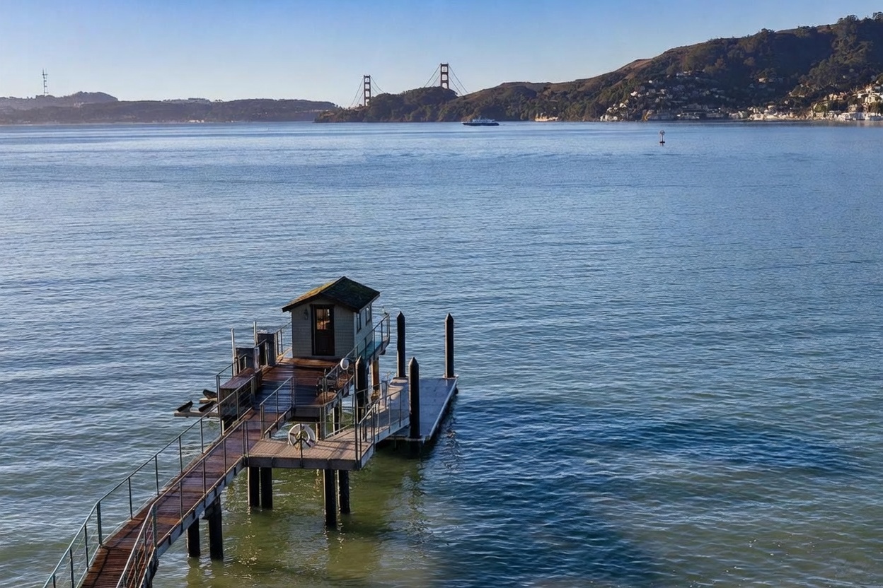 This aerial perspective captures a private wooden pier extending into a calm, expansive bay, featuring a small, charming structure at its end. The scene is framed by the distant silhouette of the Golden Gate Bridge and rolling hills, creating a serene and picturesque waterfront setting. The clear blue sky and gentle water ripples emphasize the tranquil and exclusive nature of this coastal property.