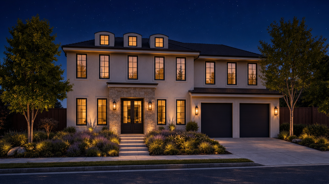 This elegant two-story residence features a timeless transitional design with a light stucco facade, stone accents around the main entrance, and a symmetrical layout. The property includes a double garage, mature landscaping with soft accent lighting, and large, evenly spaced windows that create a warm, inviting glow against the night sky. The home exudes curb appeal with its clean lines, sophisticated architecture, and professional exterior illumination.