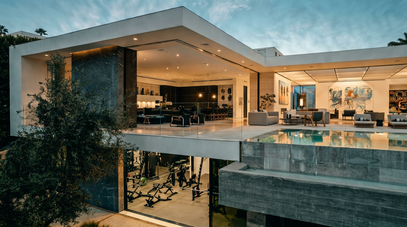 This stunning contemporary luxury residence features an expansive open-concept indoor-outdoor living space that seamlessly transitions to a sleek infinity-edge pool. The lower level houses a professional-grade home gym visible through floor-to-ceiling glass walls, while the upper level showcases a sophisticated lounge area with modern art and minimalist decor. The architectural design emphasizes clean lines, high-end materials like dark stone and concrete, and a dramatic, airy aesthetic perfect for high-end entertaining.