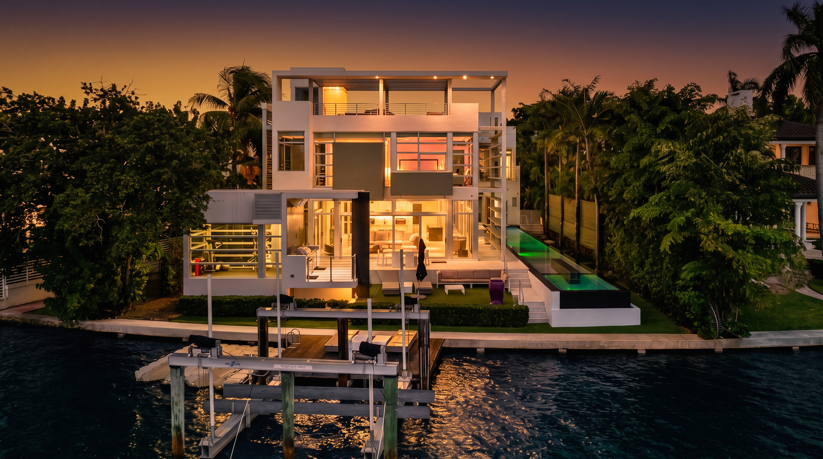 This modern, multi-level waterfront residence is captured from an elevated perspective, showcasing its clean architectural lines and expansive glass walls. The property features a long, narrow lap pool extending toward the water, a private boat lift, and a dedicated ground-level gym area with large windows. Lush tropical landscaping surrounds the home, creating a private and luxurious atmosphere against the twilight sky.