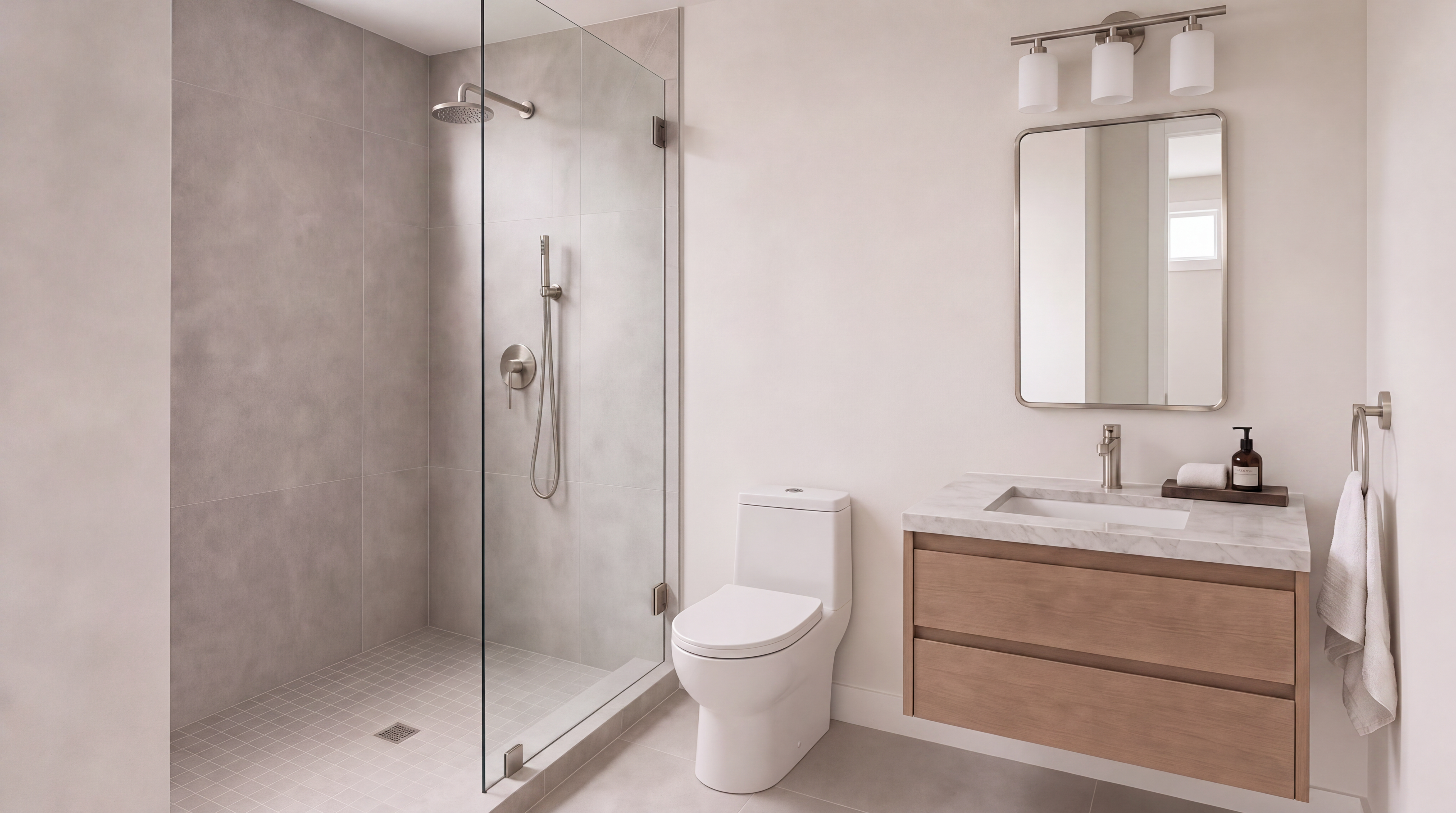 This modern bathroom features a sleek frameless glass walk-in shower with matte black fixtures and large-format grey tile. A floating wood vanity topped with a stone countertop and a minimalist mirror adds warmth and contemporary style to the space. The clean, neutral palette creates a bright and sophisticated atmosphere.