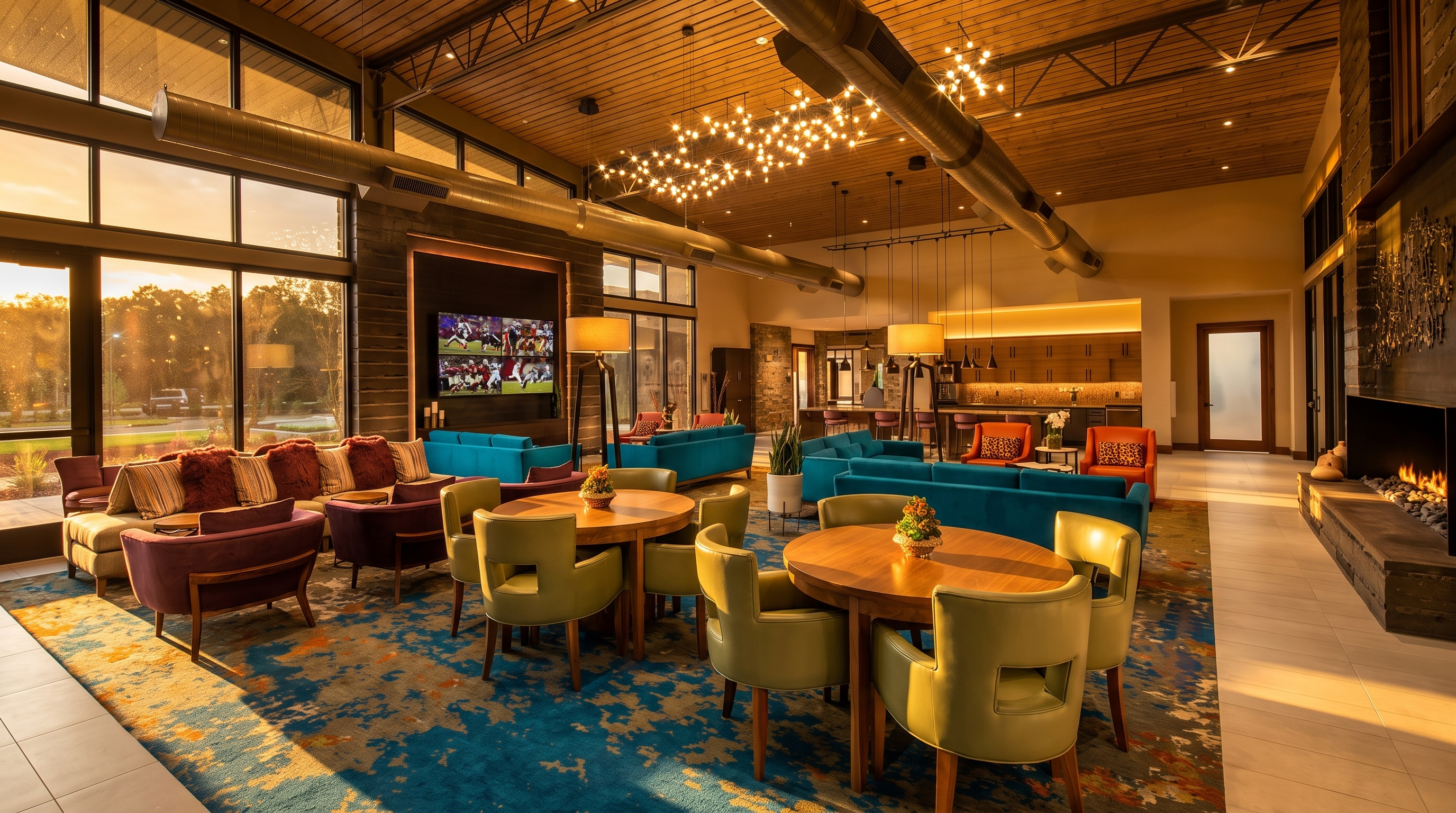 This spacious, upscale clubhouse interior features a modern, open-concept design with high ceilings and industrial-style exposed ductwork. The room is furnished with vibrant blue velvet sofas, chic green armchairs, and round wooden dining tables, set against a striking, abstract-patterned area rug. With a stone fireplace, large television screen, and warm, decorative lighting, this inviting space serves as an excellent communal gathering area.