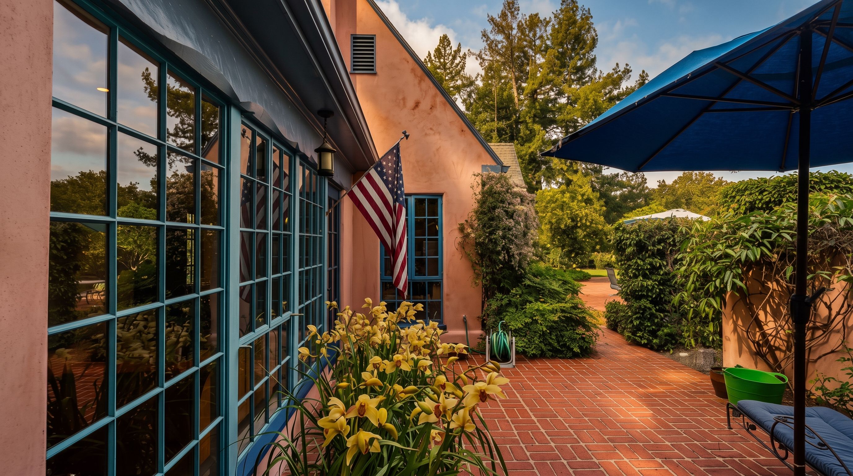 This image captures a charming brick-paved patio area adjacent to a peach-colored stucco home with vibrant blue-trimmed windows. A large blue umbrella provides shade over a seating area, while a cluster of yellow orchids adds a touch of natural color in the foreground. The scene is framed by lush greenery and trees, creating a peaceful and inviting outdoor living space.