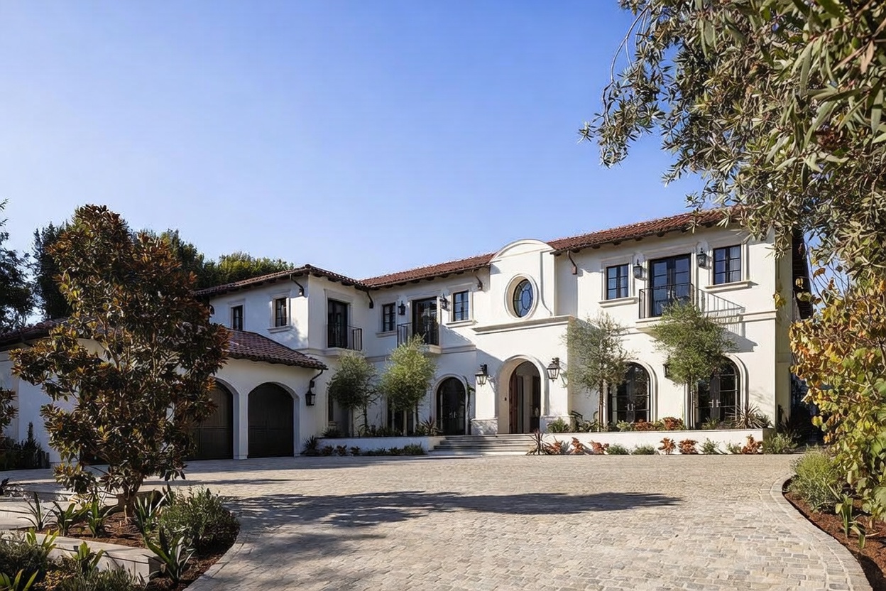 This grand Mediterranean-style estate features a symmetrical white stucco facade with a terracotta tile roof and a prominent arched entryway. The property is approached by a wide, circular cobblestone driveway, flanked by manicured landscaping and mature trees. The architectural design includes multiple balconies, arched windows, and a balanced layout that conveys a sense of luxury and curb appeal.