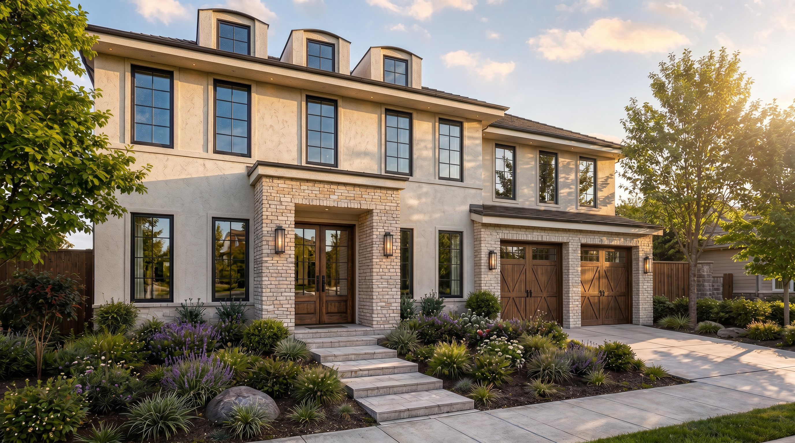 This stunning two-story custom home features a sophisticated blend of light-colored stucco and light-toned brick accents, complemented by modern black window frames and matching garage doors. The symmetrical entryway is highlighted by a stone-faced porch and steps, leading into a thoughtfully landscaped yard with lush greenery and vibrant perennials. With its warm lighting and elegant facade, the home presents a welcoming and upscale curb appeal typical of luxury residential architecture.