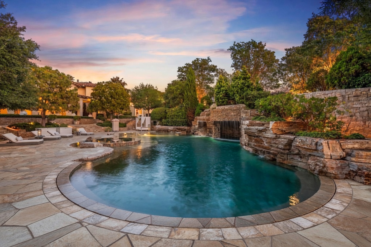 This image showcases a luxurious backyard pool and spa area at dusk. The pool features a natural rock waterfall and is surrounded by lush landscaping and stone decking. Lounge chairs are arranged on a nearby patio, suggesting a relaxing and upscale outdoor living space.