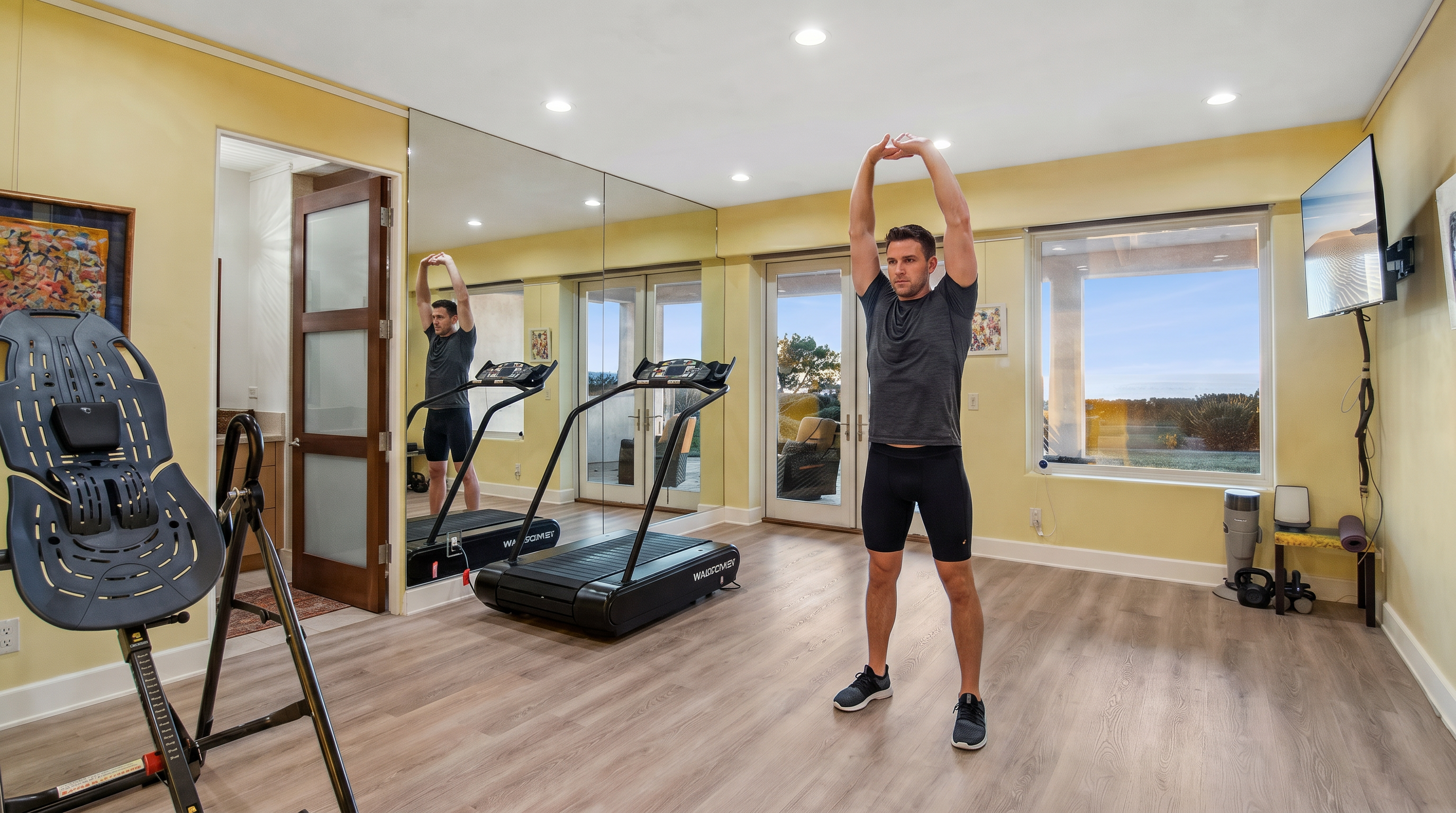 This bright home gym features light wood-look flooring and yellow walls, creating an energetic atmosphere for exercise. The space is equipped with a treadmill and a specialized fitness machine, with a large mirrored wall that enhances the sense of depth and light. Double glass doors provide access to an outdoor patio, while recessed lighting and a wall-mounted television complete the functional layout.