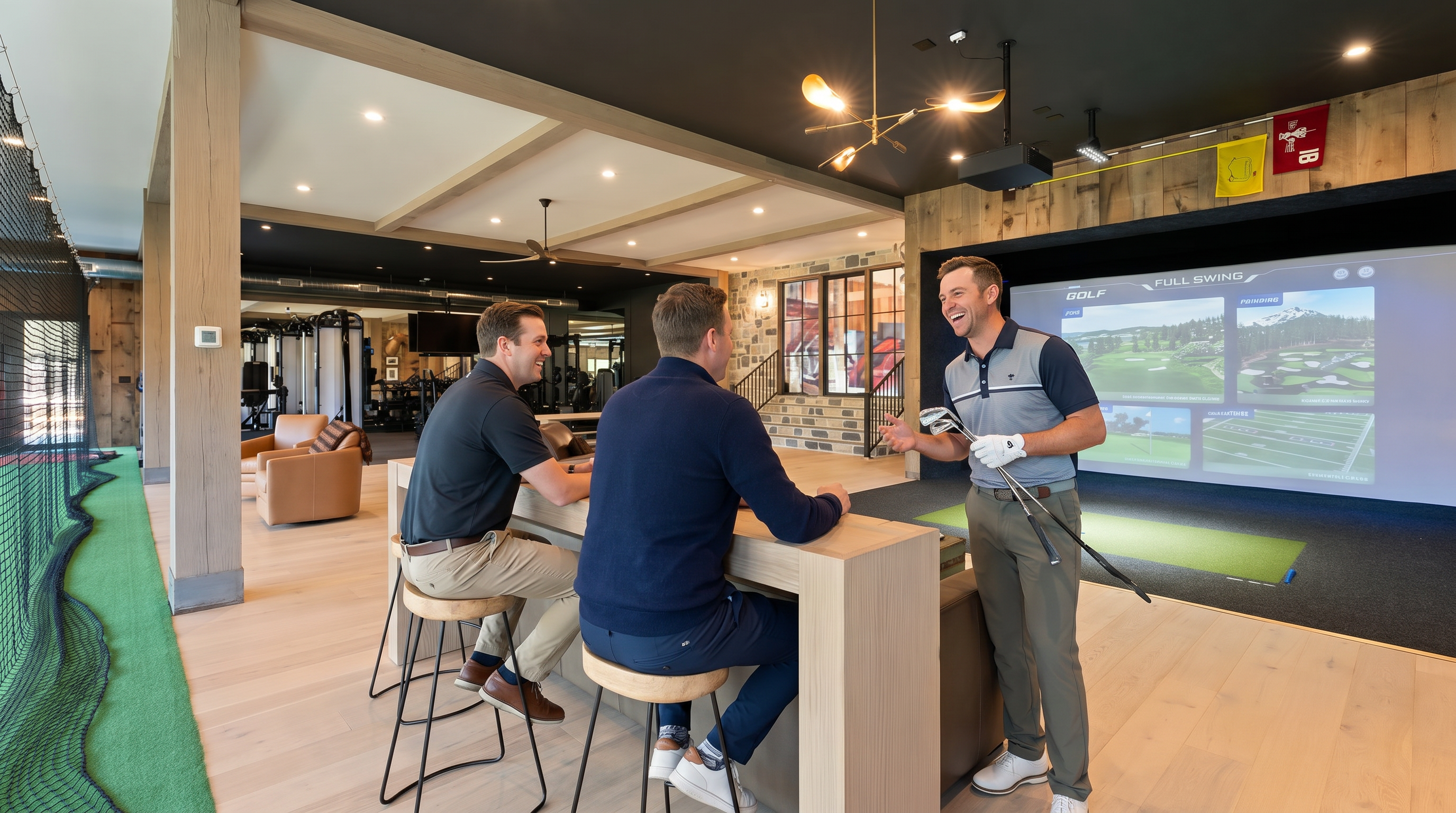 This expansive multi-purpose recreational space features a high-end golf simulator setup with a large projection screen and a dedicated hitting area. The room includes a long light wood bar with stools, a comfortable seating area with leather armchairs, and a visible home gym section in the background. The design incorporates rustic wood accents, a dark ceiling, and a stone-clad wall near the staircase, creating a sophisticated and masculine entertainment environment.