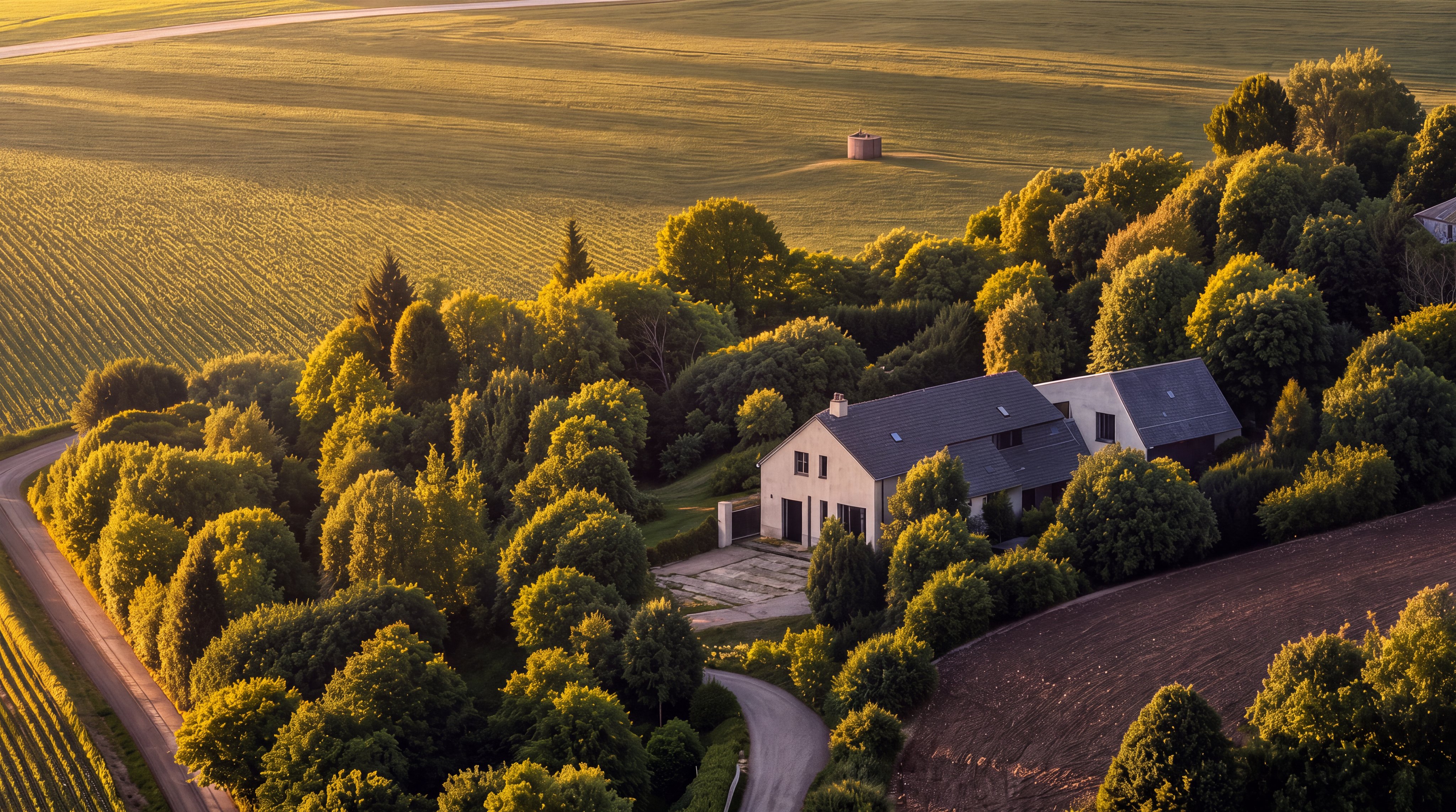 This elevated aerial view showcases a charming, secluded residence nestled within a dense cluster of lush green trees, surrounded by expansive, golden-hued agricultural fields. The house features a classic, stark white exterior with a dark-pitched roof, offering a serene and private atmosphere. The winding driveway and surrounding open landscape emphasize the property's tranquil and spacious rural setting.