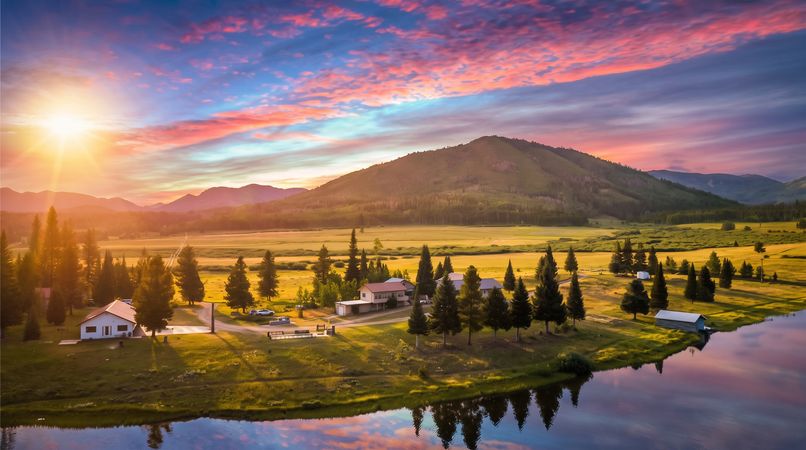 This expansive aerial view captures a serene rural property nestled against a backdrop of rolling mountains and a vibrant sunset sky. The landscape features a large, calm lake in the foreground, multiple residential structures, and a vast open meadow dotted with mature evergreen trees. The scene conveys a peaceful, secluded lifestyle with ample space and natural beauty.
