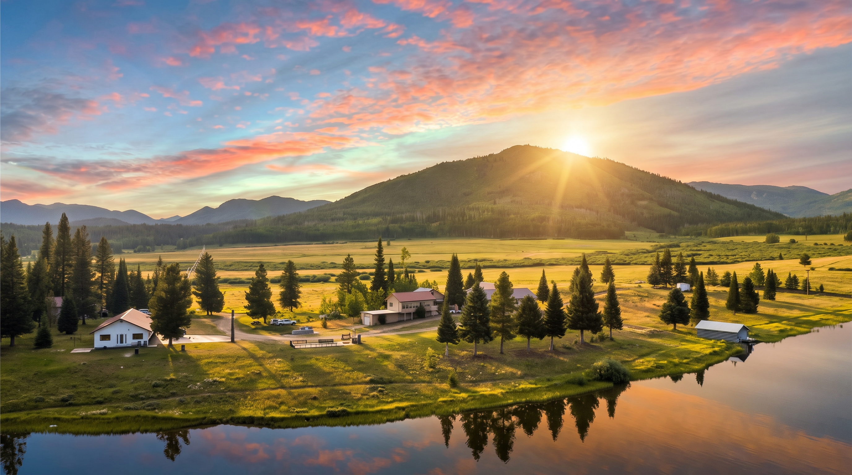 This stunning aerial view captures a serene ranch property nestled against a backdrop of majestic mountains at sunset. The estate features a peaceful pond, expansive green pastures, and multiple residential buildings set among mature pine trees. The scene conveys a tranquil, picturesque lifestyle perfect for those seeking mountain living.
