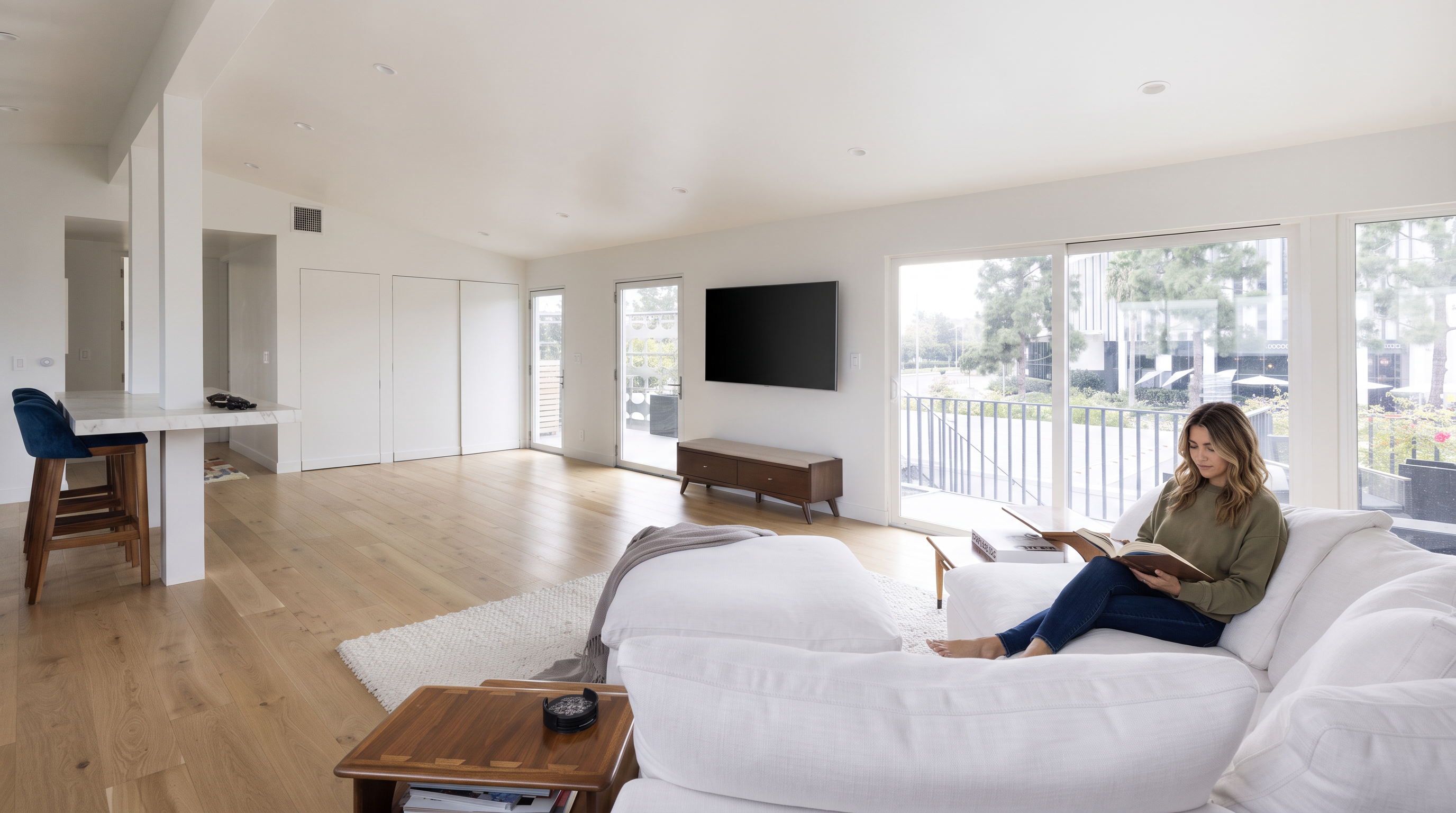 This bright and airy open-concept living space features light wood flooring and a neutral color palette, creating a clean and modern atmosphere. The room includes a comfortable white sectional sofa, a low-profile media console beneath a wall-mounted television, and a breakfast bar with stools near the kitchen area. Large sliding glass doors provide ample natural light and a seamless transition to the outdoor space, enhancing the home's spacious feel.