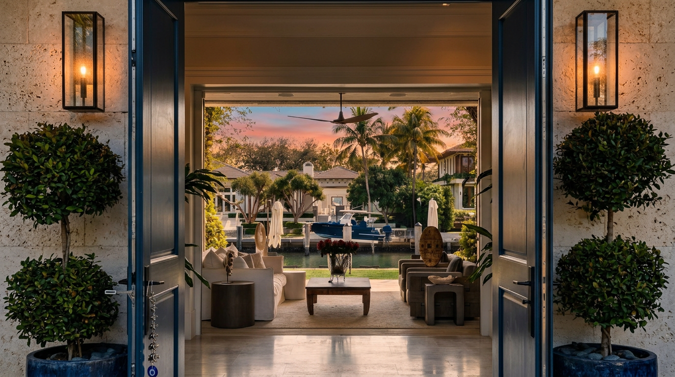 This perspective captures a grand entryway looking through large, open dark blue double doors into a covered outdoor living space. The transition from the stone-tiled interior threshold to the exterior patio reveals a comfortable seating area overlooking a canal with a docked boat. Lush tropical landscaping and palm trees frame the serene waterfront view, creating a seamless indoor-outdoor living experience.