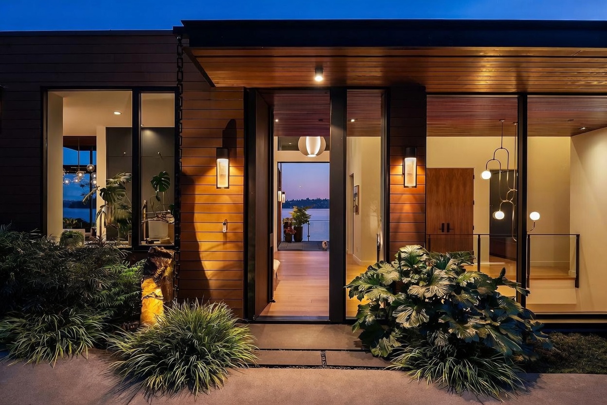 This modern entryway features horizontal wood siding and a prominent glass-paneled front door that provides a clear view through the home to the water beyond. The entrance is framed by warm, integrated wall lighting and lush landscaping, creating a sophisticated and inviting atmosphere at dusk. The clean lines and natural materials emphasize a contemporary architectural style.