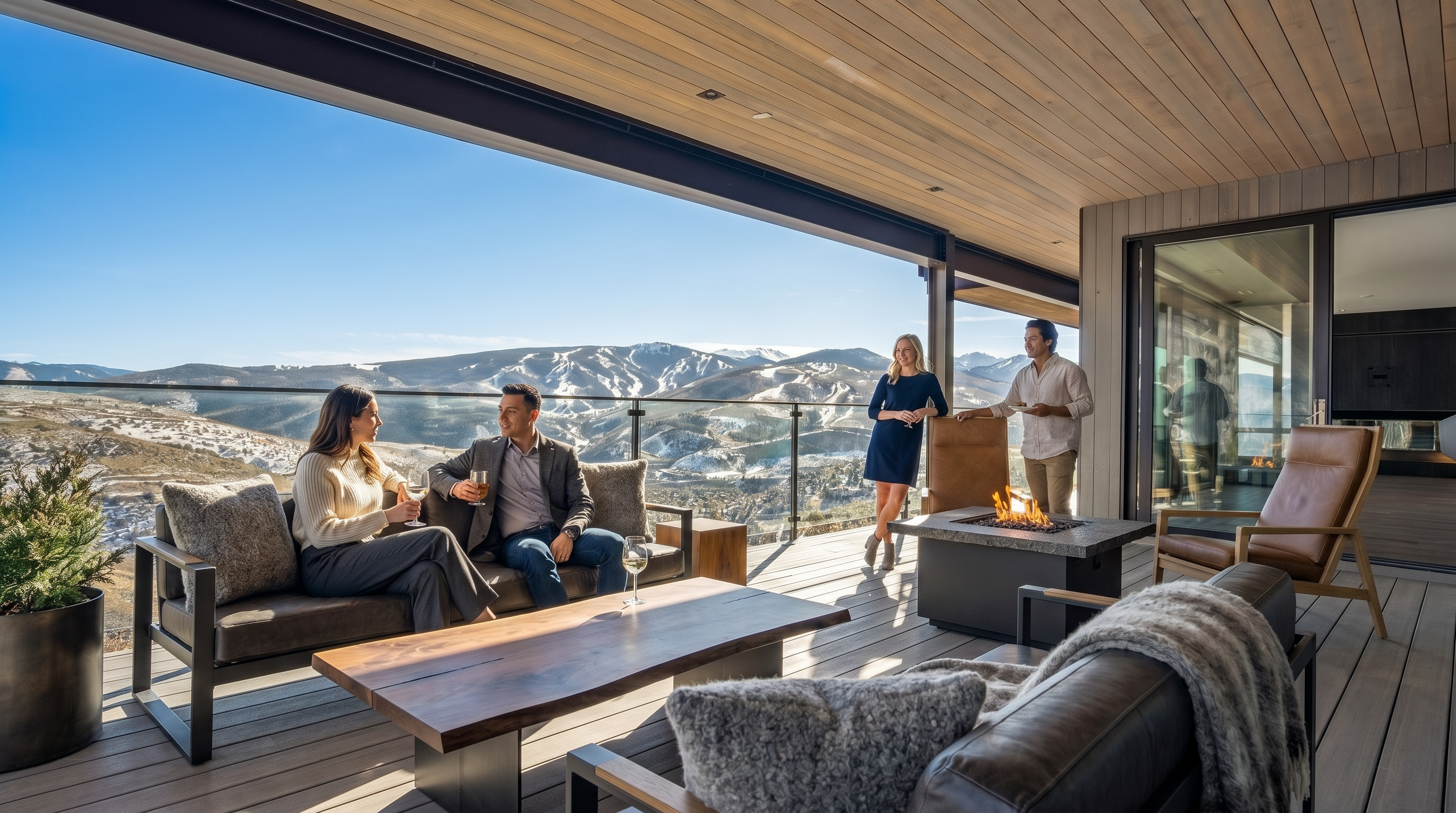 This image showcases a spacious, modern balcony or deck with a stunning mountain view. The area is designed for entertaining, with people socializing on the deck. The deck features secure glass railings for safety and unobstructed views, with a seamless transition to the interior of the home through large sliding glass doors.