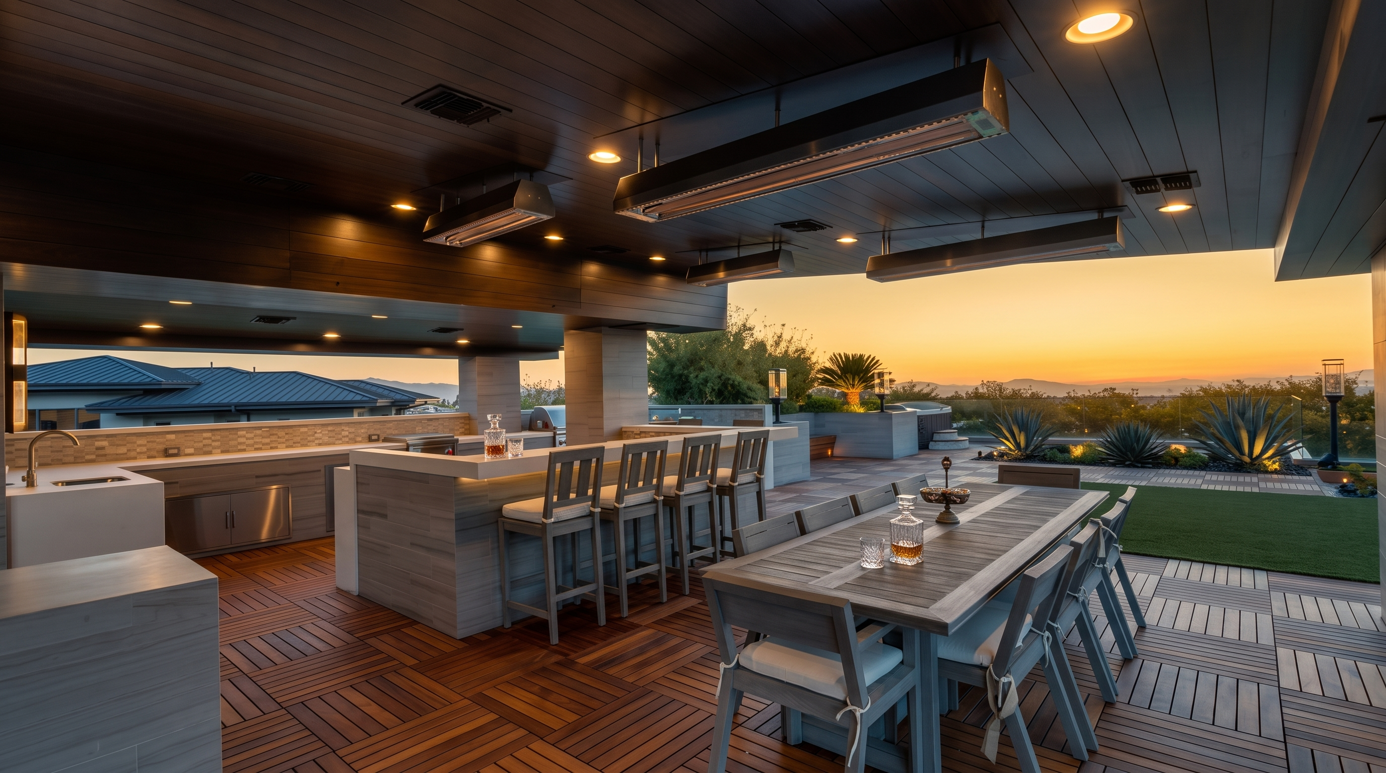 This expansive covered outdoor living space features a sophisticated kitchen area with a built-in grill and bar seating, complemented by a large dining table for al fresco meals. The area is finished with warm-toned wood decking and a sleek, modern ceiling design equipped with integrated lighting and overhead heaters. The open-air layout provides a seamless transition to the outdoor landscape, offering a luxurious and inviting atmosphere for entertaining.