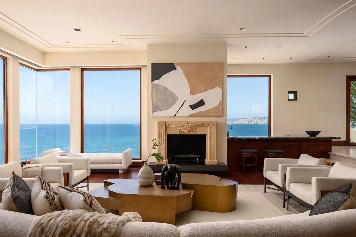 This sophisticated living room features a neutral color palette and a central fireplace with an ornate, light-colored surround topped by a large abstract painting. The space is framed by expansive windows that offer panoramic ocean views, creating a seamless connection between the interior and the coastal landscape. A dark wood bar area with stools sits to the right, while a low-profile, multi-tiered coffee table anchors the seating area, which includes plush white sofas and armchairs.