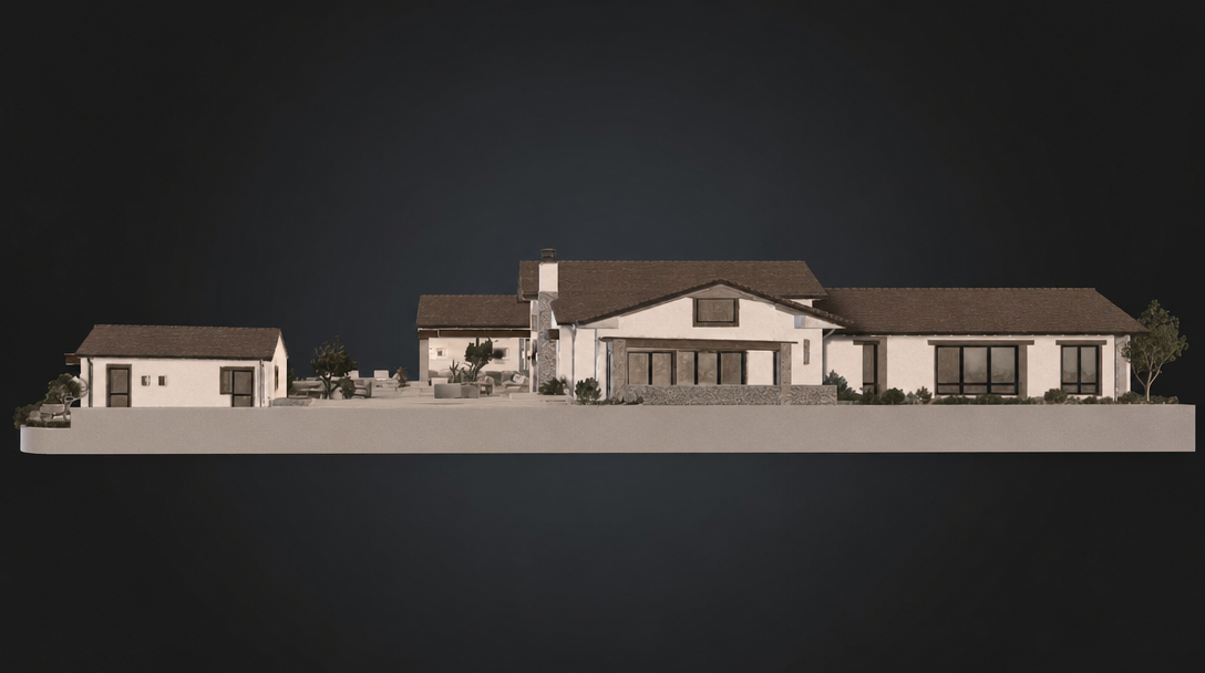 This architectural elevation view showcases a modern single-story residence with a detached structure, emphasizing a cohesive exterior design featuring white stucco walls and dark-tiled rooflines. The layout highlights a functional transition between indoor living areas and outdoor space, including a patio area and tasteful landscaping. The overall aesthetic is clean, contemporary, and emphasizes a seamless blend between the home's structure and its surrounding environment.