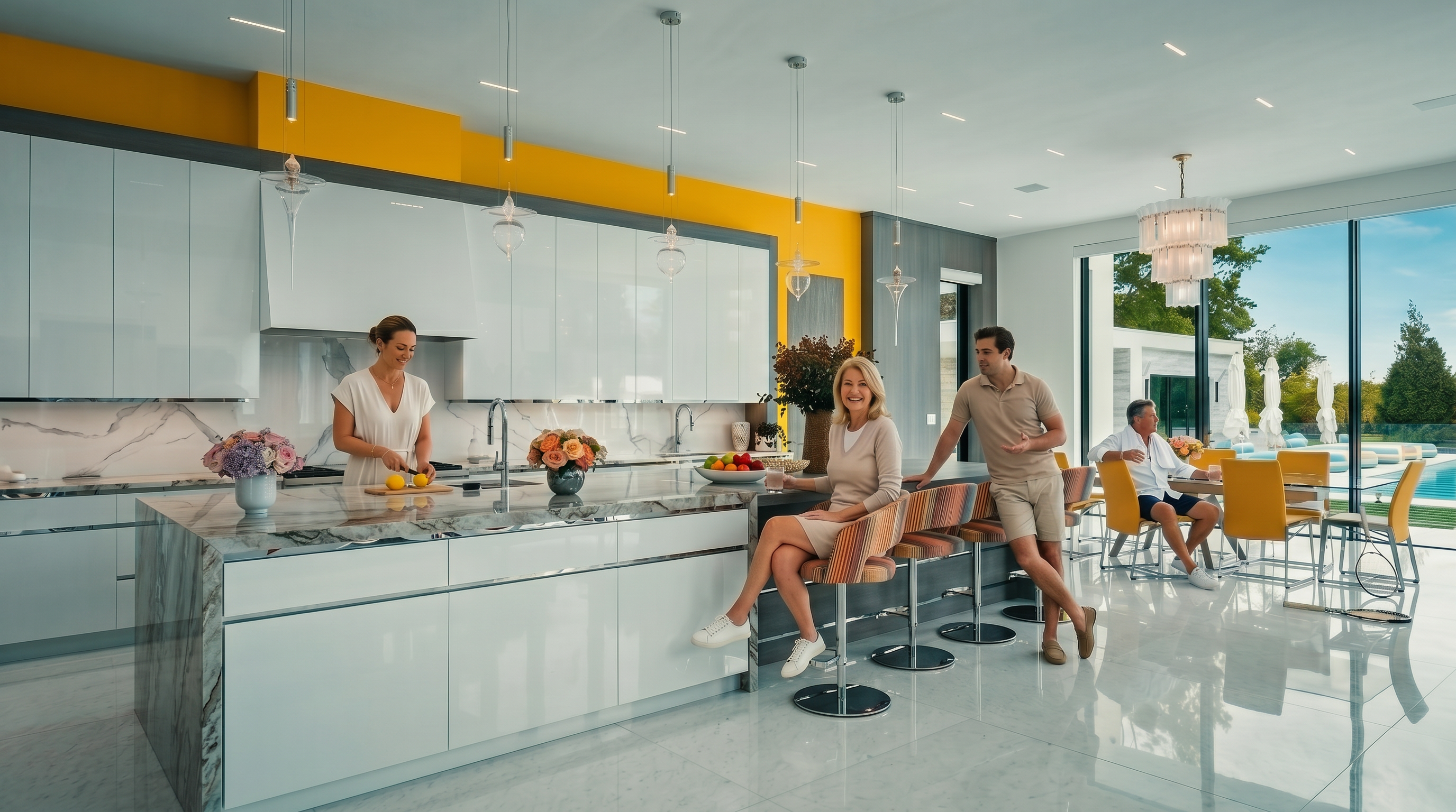 This bright, contemporary kitchen features a large central island with bar seating and a sleek, minimalist aesthetic defined by high-gloss white cabinetry and a vibrant yellow accent wall. The space is illuminated by modern pendant lighting and large windows that provide a seamless connection to the outdoor pool area. The open-concept design flows into a dining space, creating an airy and sophisticated atmosphere perfect for entertaining.