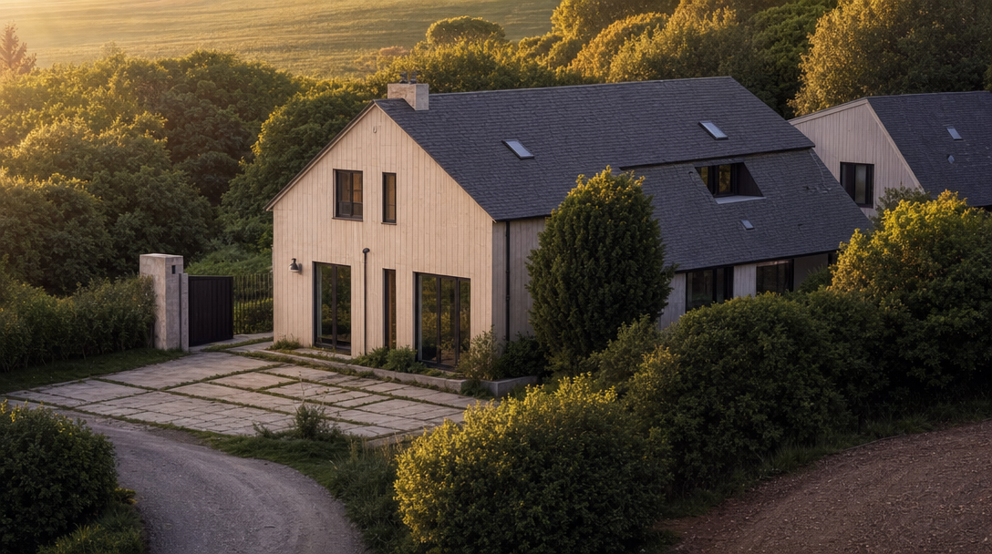 This stunning contemporary residence features light-colored vertical wood siding, a steep slate-style roof, and clean architectural lines. Surrounded by lush, mature greenery and bathed in warm, golden-hour sunlight, the property includes a modern stone-paved driveway and a peaceful, semi-secluded atmosphere. The overall aesthetic is a harmonious blend of rustic charm and high-end modern design, perfect for a private countryside retreat.
