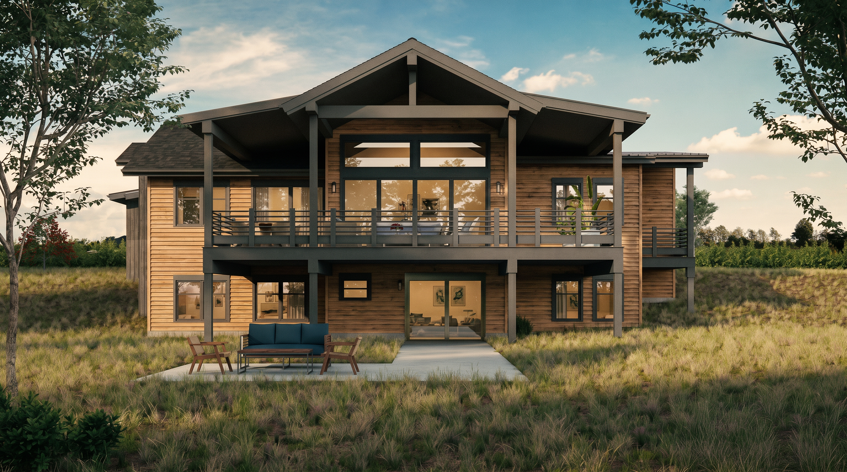 This rear view of a modern mountain-style home showcases a multi-level design with horizontal wood siding and dark-toned trim. A spacious upper deck with metal railings overlooks a lower concrete patio, which is furnished with a contemporary outdoor sofa set. The structure features a prominent gabled roofline and large windows that provide a clear view into the interior living spaces.