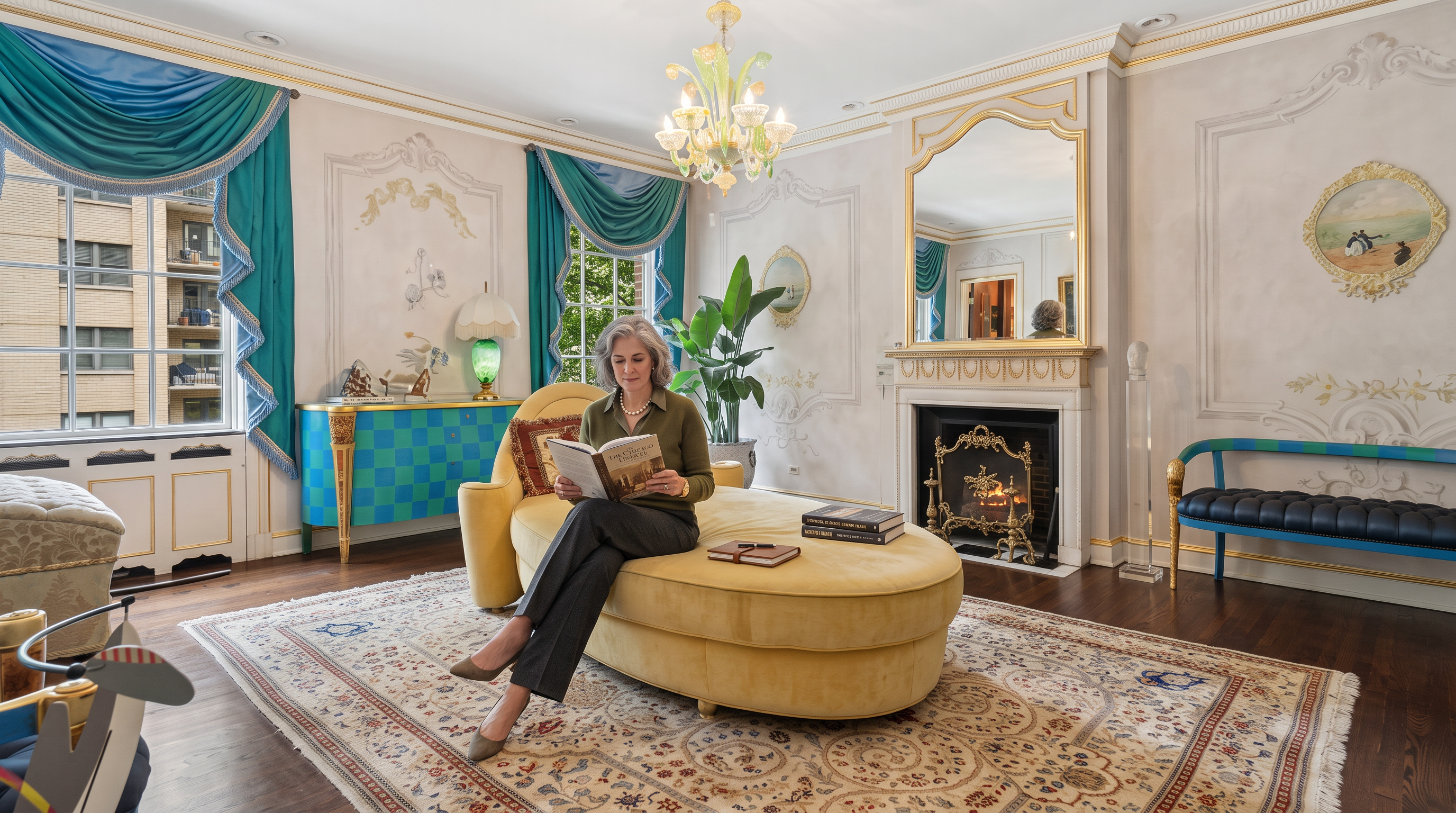 This elegant living room features a sophisticated, ornate aesthetic with intricate wall moldings and a central crystal chandelier. A plush, curved yellow chaise lounge sits atop a large, detailed area rug, facing a fireplace with a decorative mantel and mirror above. The room is framed by tall windows draped in vibrant teal curtains, creating a luxurious and formal atmosphere.