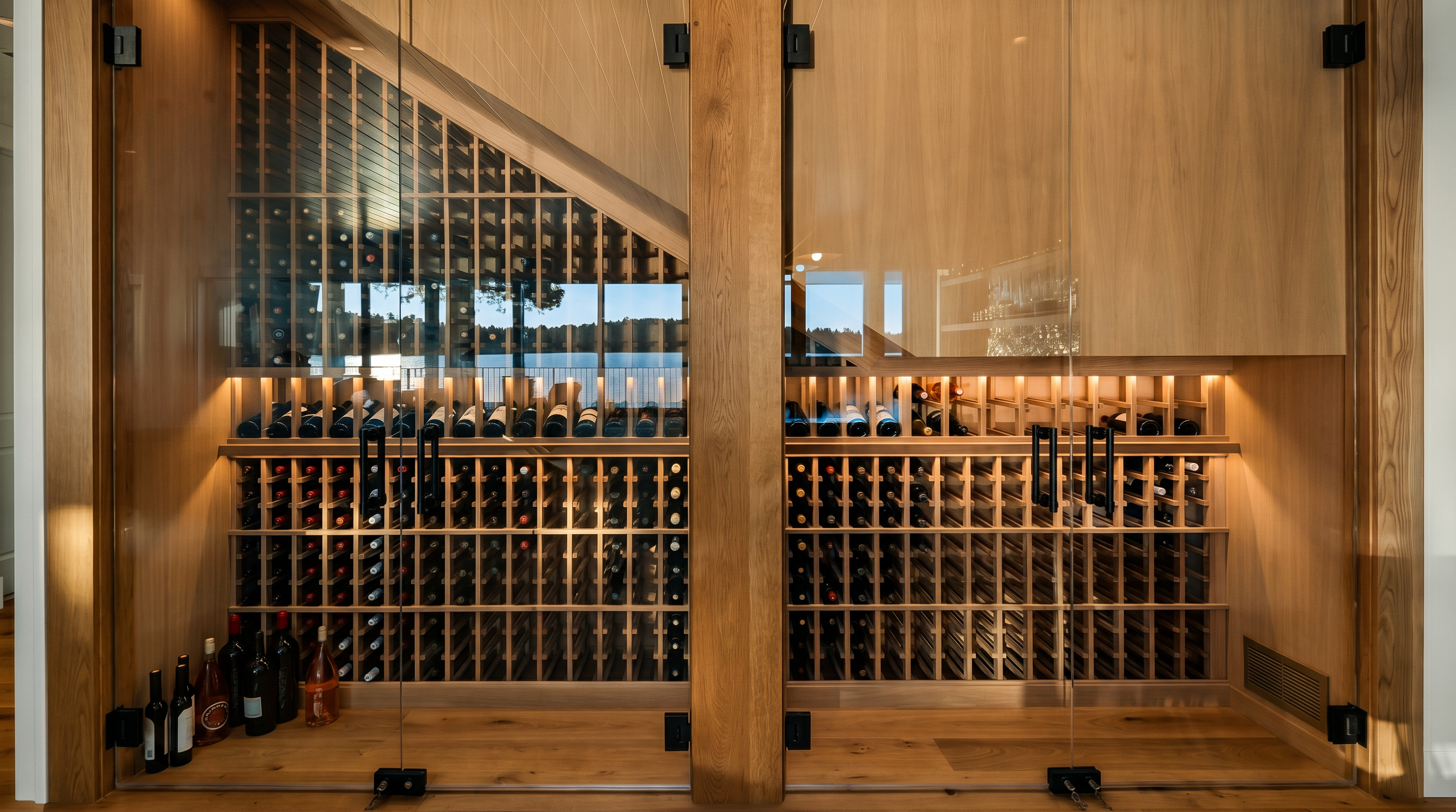 This custom-built wine cellar features a sophisticated light wood frame with glass-fronted doors, showcasing an extensive collection of wine bottles stored in a grid-style racking system. The design includes integrated under-shelf lighting that highlights the bottles, while the left section follows the slope of an adjacent staircase. The overall aesthetic is elegant and modern, providing a climate-controlled display area that serves as a focal point for wine enthusiasts.