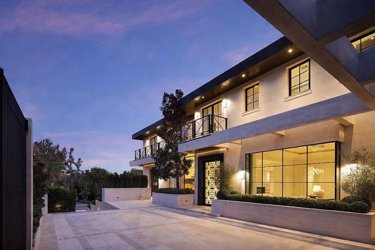 This modern luxury residence is captured at dusk, showcasing a sophisticated facade with clean lines and a mix of stone and dark metal accents. The front courtyard features a paved driveway leading to a striking, patterned metal entry door, while large, grid-paned windows illuminate the interior. The scene is framed by manicured landscaping and soft exterior lighting, creating an inviting and high-end architectural presentation.