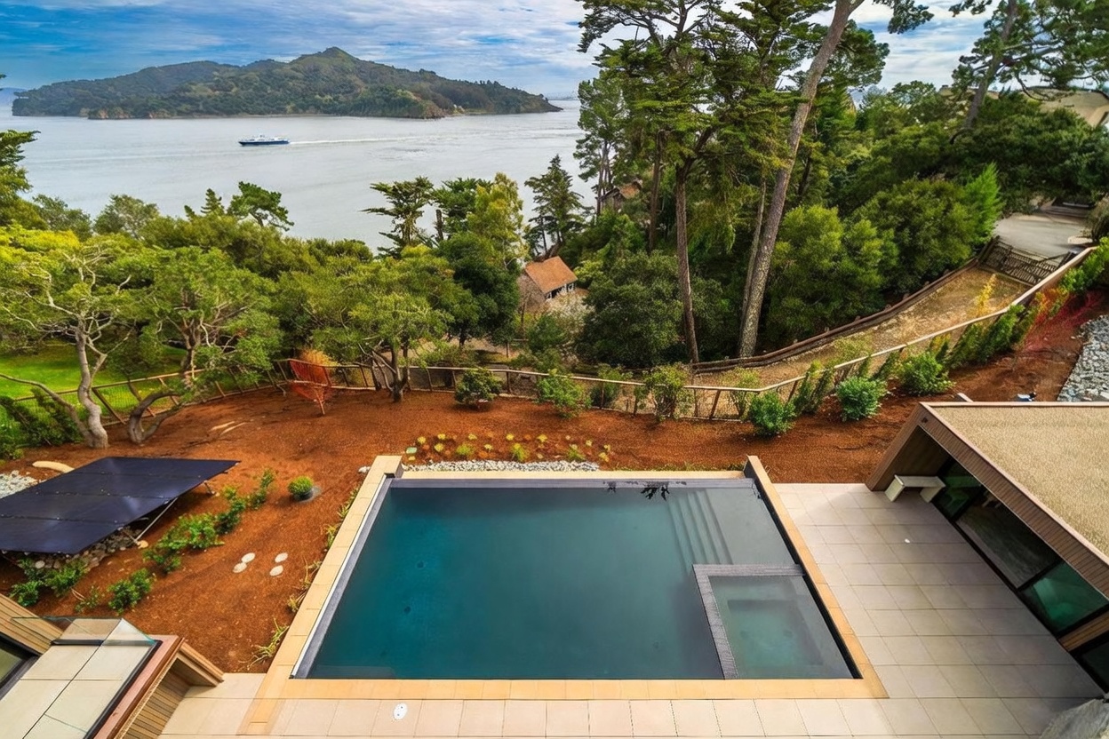 This high-angle aerial view captures a modern infinity-edge pool and integrated spa overlooking a scenic bay with a distant island. The pool deck is paved with light-colored tiles, while the surrounding landscape features terraced garden beds, mature trees, and a winding gravel path leading toward a small cottage. The perspective emphasizes the seamless transition between the luxury outdoor living space and the expansive natural waterfront setting.