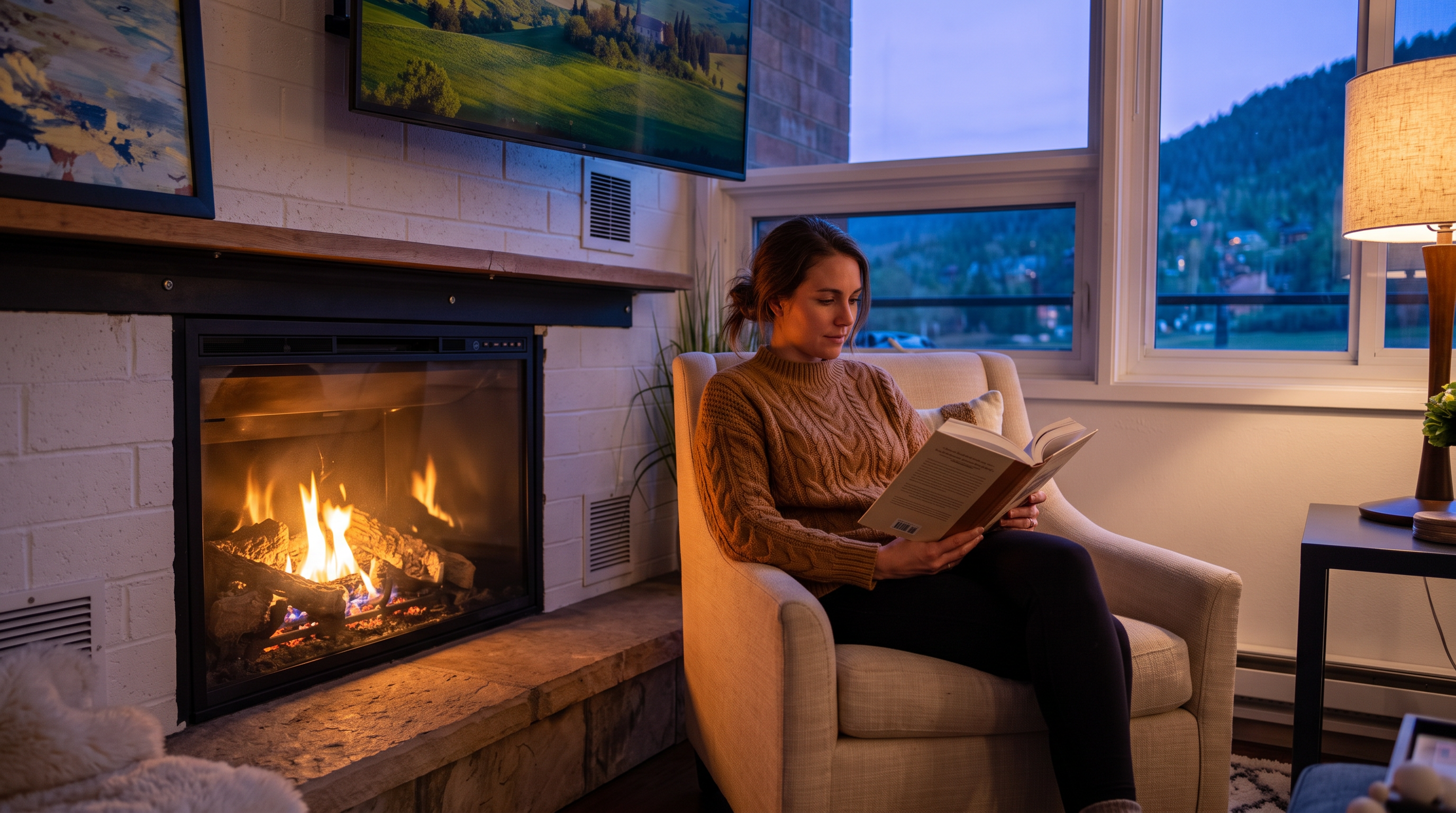 This cozy living area features a stone-faced fireplace with a warm, inviting glow, complemented by an armchair where a person is reading. The space includes a wall-mounted television and large windows that provide a scenic view of the surrounding mountain landscape at dusk. The warm lighting and comfortable furniture create a relaxing, sophisticated atmosphere ideal for an evening retreat.
