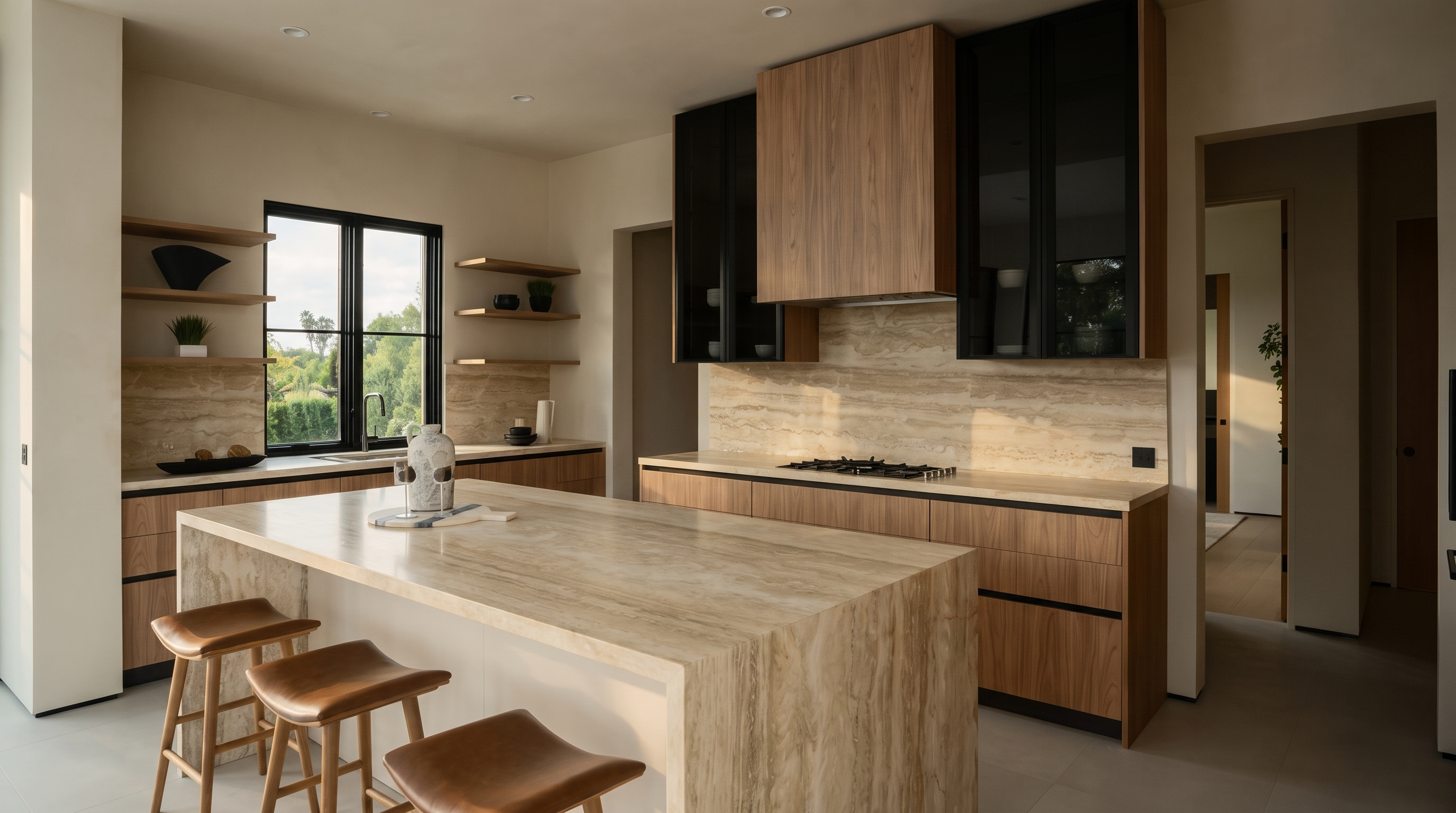 This modern kitchen features a large central island with a waterfall-edge stone countertop and three leather-topped stools. The space is defined by light wood cabinetry, dark glass-front upper cabinets, and a matching stone backsplash that creates a cohesive, sophisticated aesthetic. Large windows provide natural light, while open shelving and clean lines contribute to an airy, contemporary atmosphere.