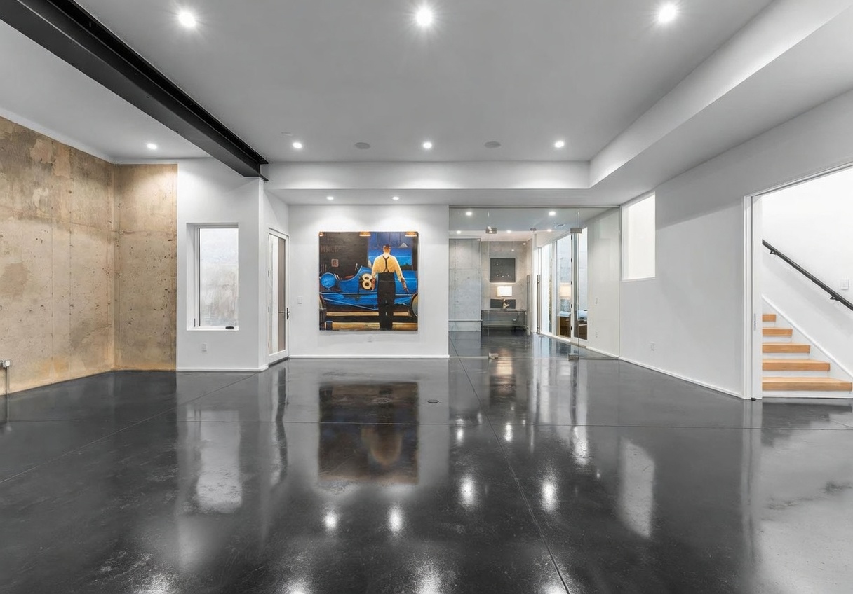 This expansive, minimalist living space features polished dark concrete floors that reflect the recessed ceiling lighting. A large, vibrant piece of art depicting a vintage race car driver serves as a focal point on the white wall, while a glass-enclosed partition separates the main area from a secondary room. To the right, a wooden staircase with a black railing leads to another level, and a raw concrete wall adds an industrial texture to the left side of the room.