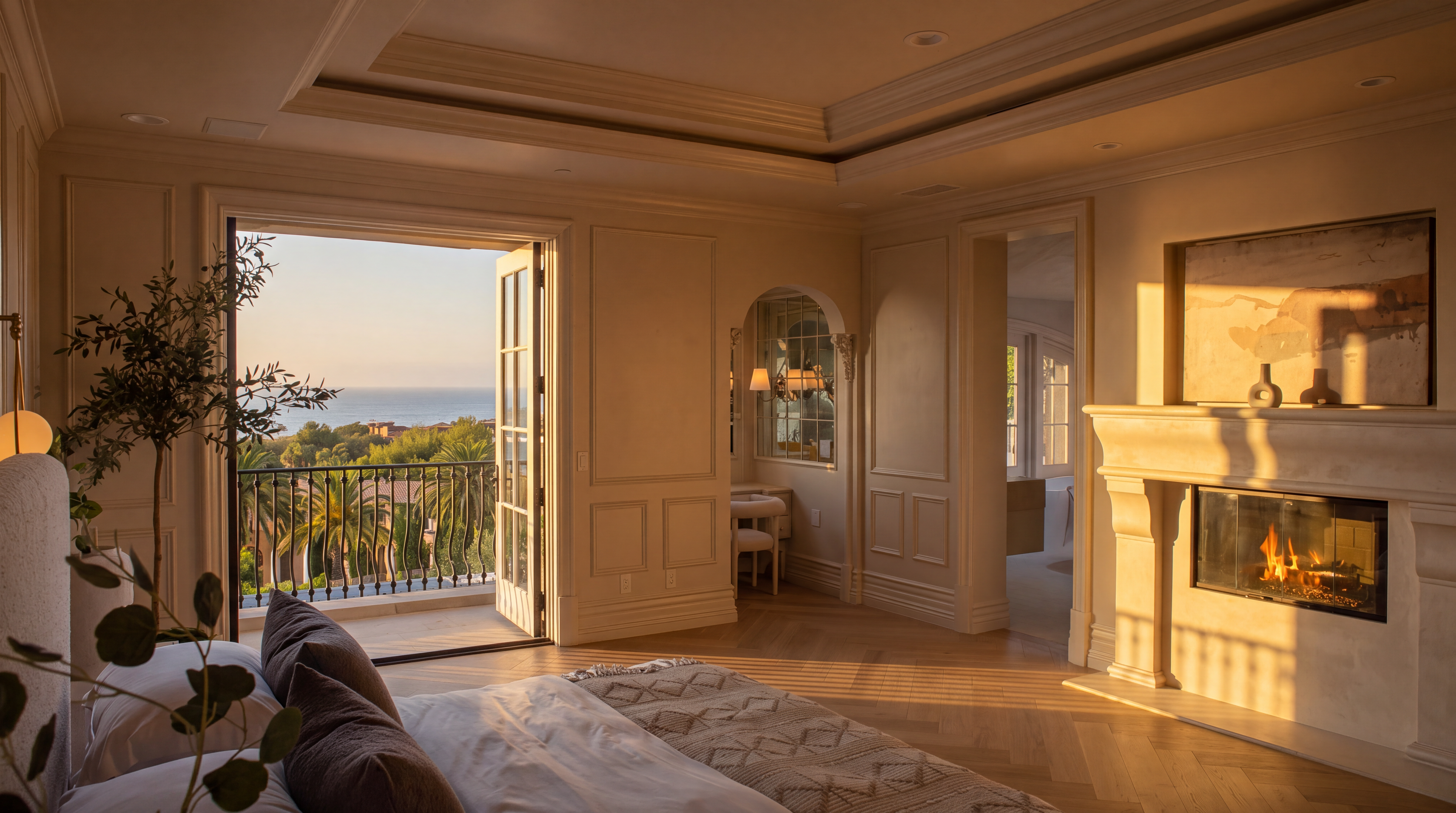 This elegant primary bedroom features a neutral color palette, light wood herringbone flooring, and a tray ceiling with recessed lighting. A fireplace with a classic mantel serves as a focal point, while a set of French doors opens onto a private balcony with expansive ocean views. The room also includes a small, arched alcove vanity area and sophisticated wall paneling, creating a serene and luxurious atmosphere.