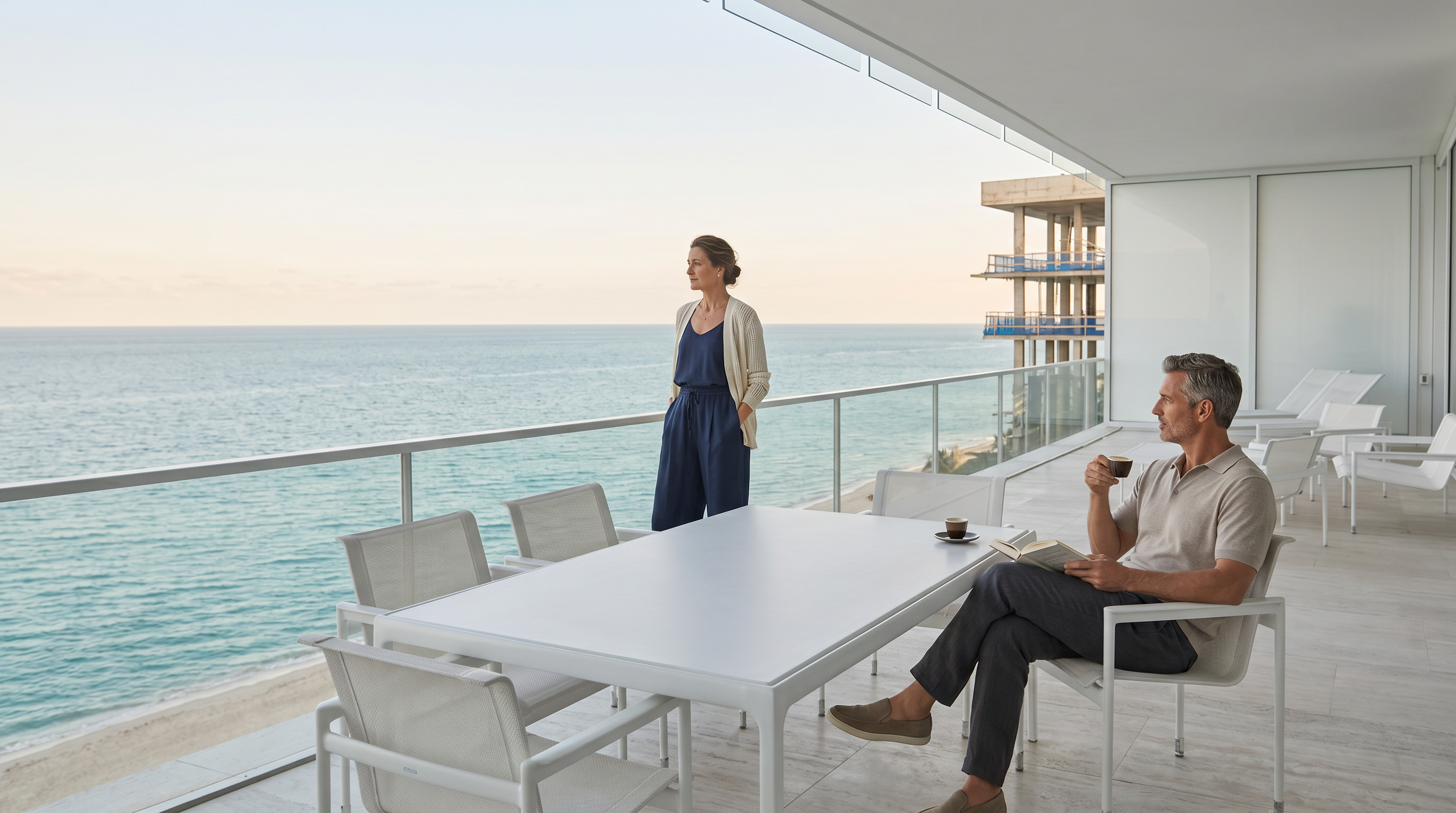 This expansive, covered balcony offers a panoramic, unobstructed view of the turquoise ocean and sandy beach. The space is furnished with a white dining set and lounge chairs, all set against a backdrop of sleek glass railings and light-toned flooring. The minimalist design emphasizes the seamless transition between the indoor living area and the coastal scenery.