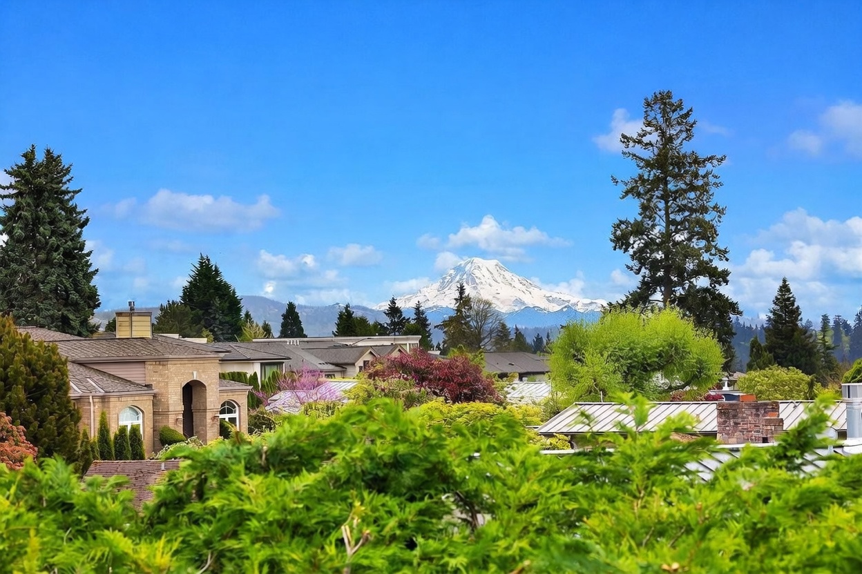 This elevated view captures a lush, green residential neighborhood framed by vibrant trees and flowering shrubs in the foreground. The scene is dominated by a stunning, clear view of a snow-capped mountain peak rising majestically against a bright blue sky. Several residential rooftops are visible, suggesting a peaceful and scenic suburban setting with significant natural beauty.