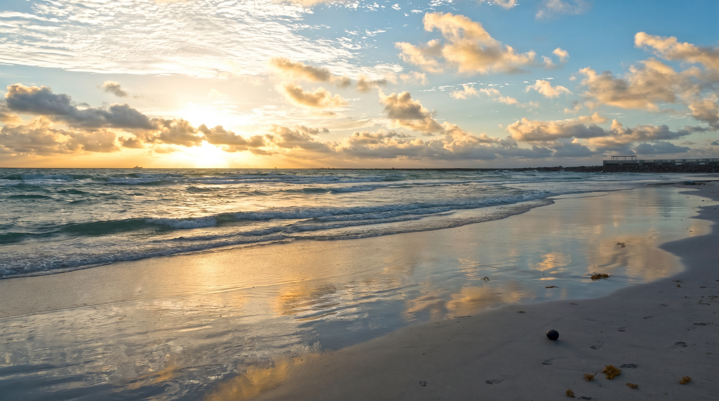 This scenic view captures a tranquil beach at sunrise, with gentle waves rolling onto the wet, reflective sand. The horizon is filled with a soft, golden glow from the rising sun, while scattered clouds drift across a vast, expansive sky. The perspective is low and wide, emphasizing the serene atmosphere and the natural beauty of the coastal landscape.