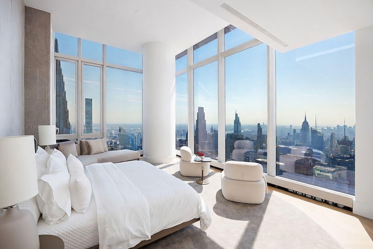 This luxurious primary bedroom features expansive floor-to-ceiling windows that offer a breathtaking, panoramic view of the city skyline. The room is furnished with a plush bed, a sleek chaise lounge, and two modern armchairs positioned to take advantage of the high-rise perspective. The minimalist decor and neutral color palette emphasize the dramatic urban backdrop, creating an atmosphere of sophisticated, high-end living.