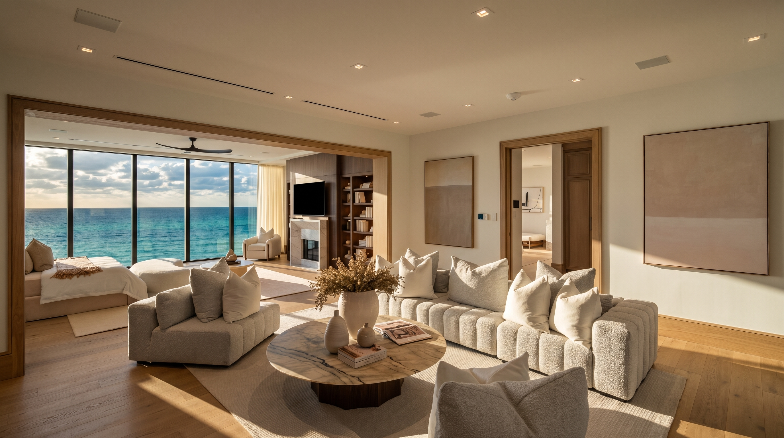 This bright and airy living room features a neutral color palette with plush, textured seating arranged around a large, circular stone-topped coffee table. The space flows seamlessly into an adjacent lounge area that showcases expansive, floor-to-ceiling windows framing a stunning, unobstructed view of the ocean. Light wood flooring and minimalist decor create a sophisticated, serene atmosphere perfect for coastal luxury living.