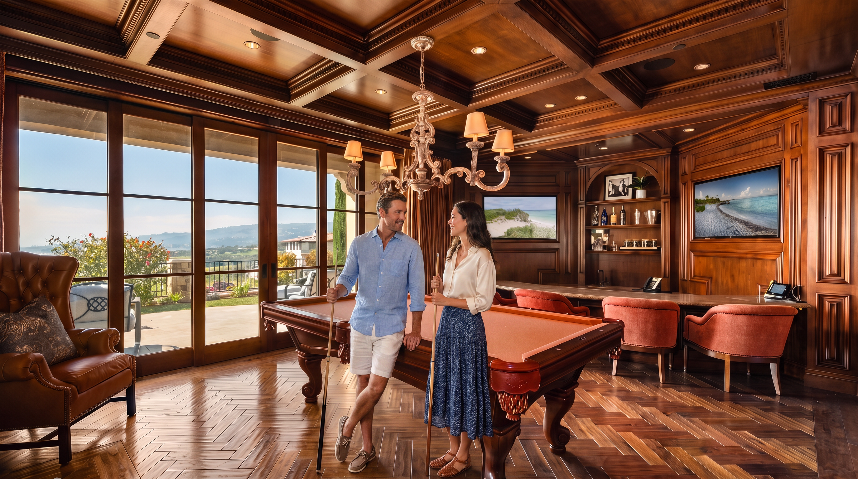 This sophisticated game room features a prominent pool table as its centerpiece, set against a backdrop of rich wood paneling and a coffered ceiling. A built-in bar area with cabinetry and integrated televisions provides a refined space for entertainment, while large glass doors offer expansive views of the outdoor landscape. The room is furnished with a leather armchair and several upholstered chairs, creating a luxurious and inviting atmosphere.