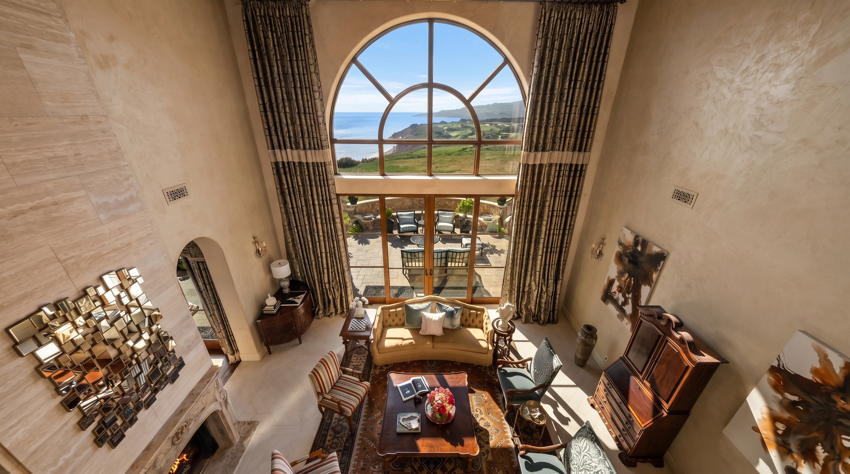 This high-angle shot captures a grand, double-height living room characterized by an expansive arched window that frames a stunning coastal view. The space is furnished with a traditional sofa, patterned armchairs, and a central coffee table set atop a large, ornate area rug. A tall stone-clad chimney breast anchors the left side of the room, while elegant drapery frames the glass doors leading to the outdoor patio.