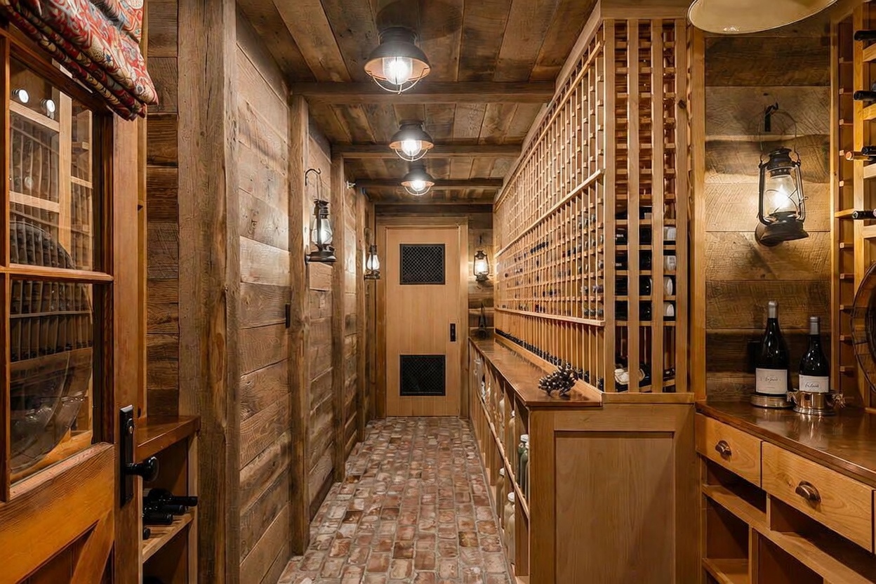 This rustic wine cellar features extensive custom wood racking for bottle storage, complemented by warm wood-paneled walls and a ceiling with exposed beams. The space is illuminated by a series of industrial-style pendant lights and wall-mounted lanterns, creating an intimate, atmospheric environment. A brick-patterned floor leads toward a central door, while a counter area provides space for displaying select bottles.