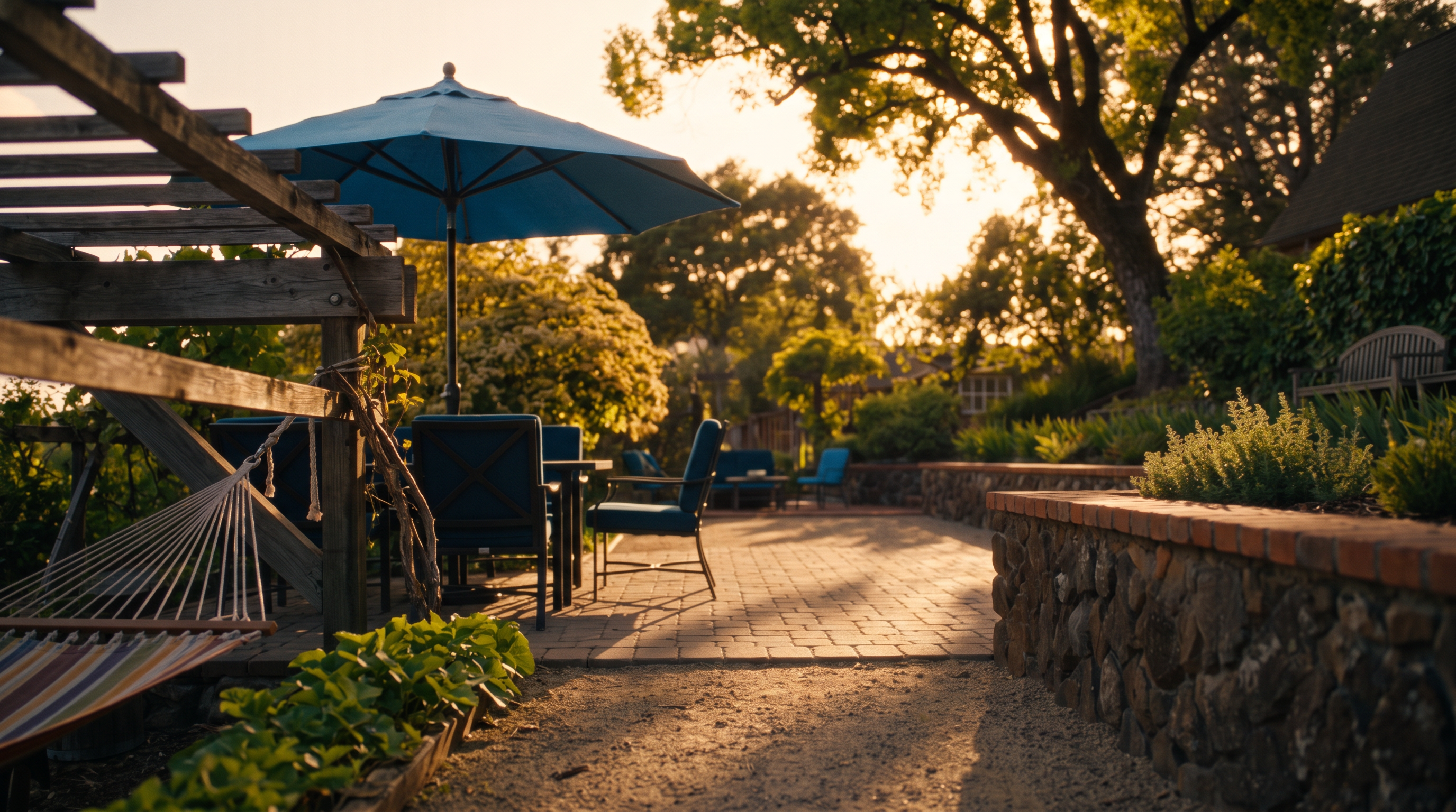 This expansive outdoor space features a long, gravel-surfaced bocce ball court bordered by rustic stone retaining walls and lush greenery. A wooden pergola structure provides shade on the left, while a seating area with a blue umbrella sits at the far end of the court. The scene is framed by mature trees and vibrant landscaping, creating a serene and inviting atmosphere for outdoor recreation.