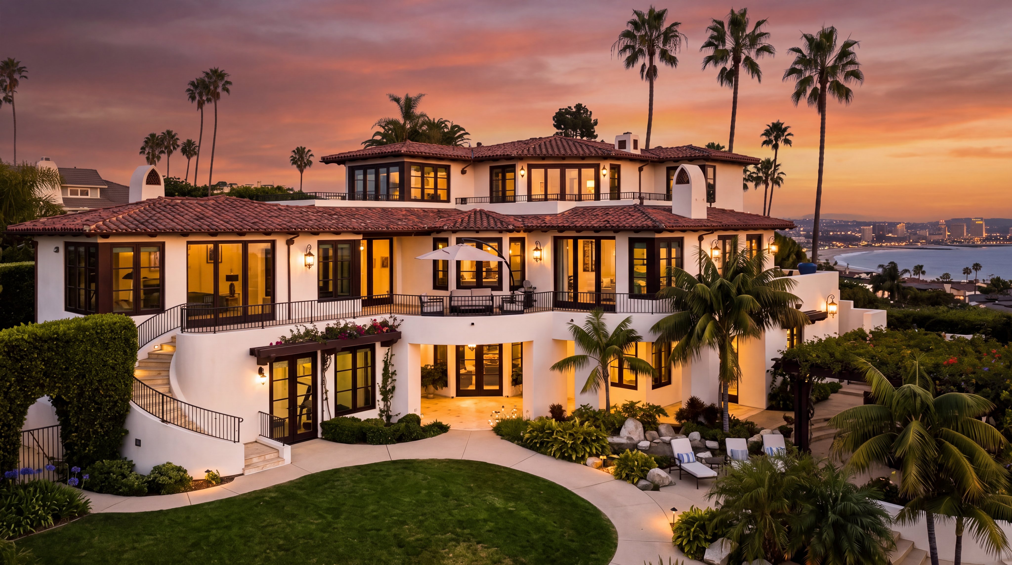 This stunning Mediterranean-style mansion showcases an expansive rear view, featuring multi-level balconies and a grand staircase leading down to a manicured lawn. The home is highlighted by warm sunset lighting that complements its stucco exterior, arched detailing, and scenic coastal backdrop. It offers a luxurious outdoor living experience with integrated patios and lush, tropical landscaping.