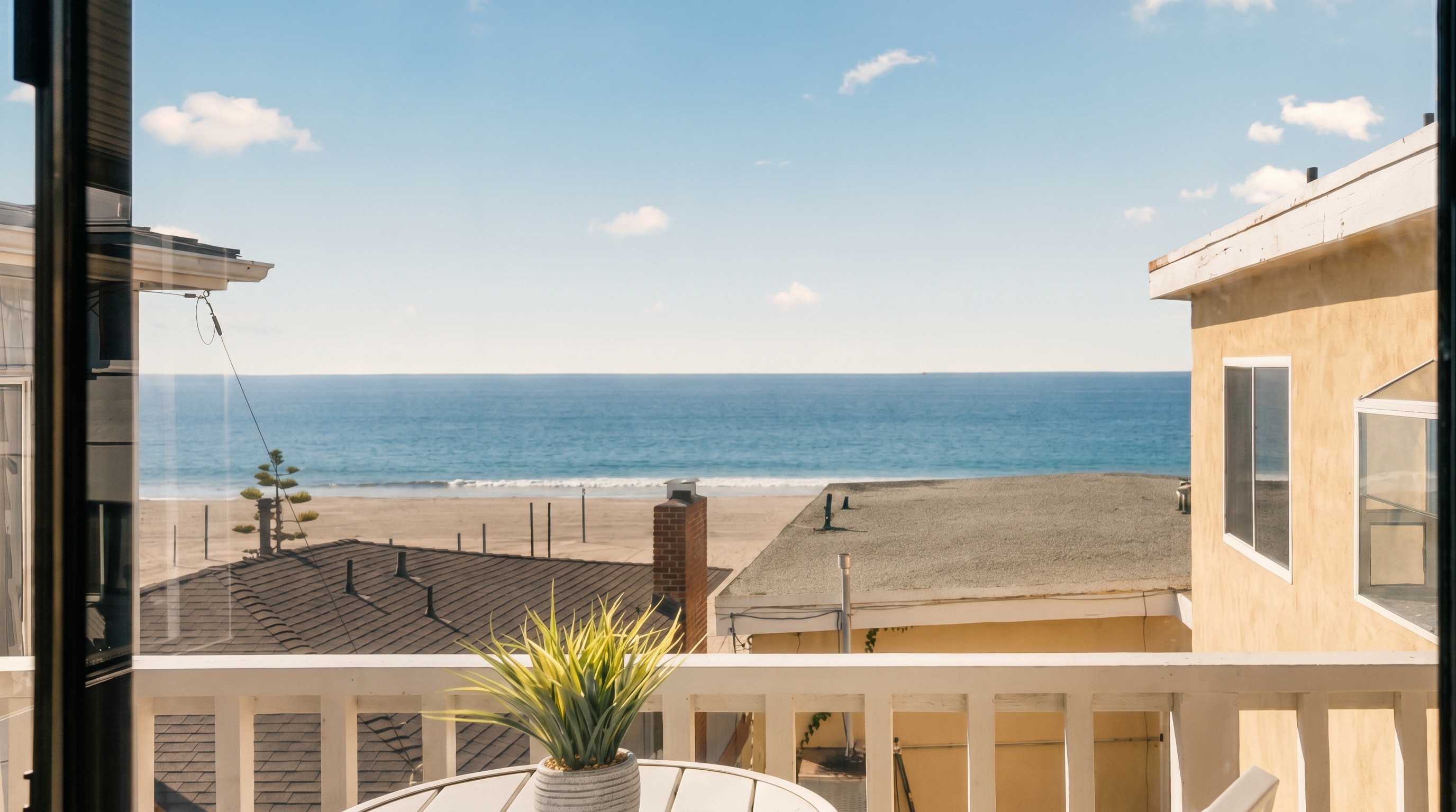 This image captures a serene view from a balcony, featuring a small round table with a potted plant in the foreground. The white railing frames a direct, unobstructed view of the sandy beach and the vast blue ocean under a clear sky. The perspective is from inside looking out, highlighting the property's prime coastal location and seamless connection to the outdoors.