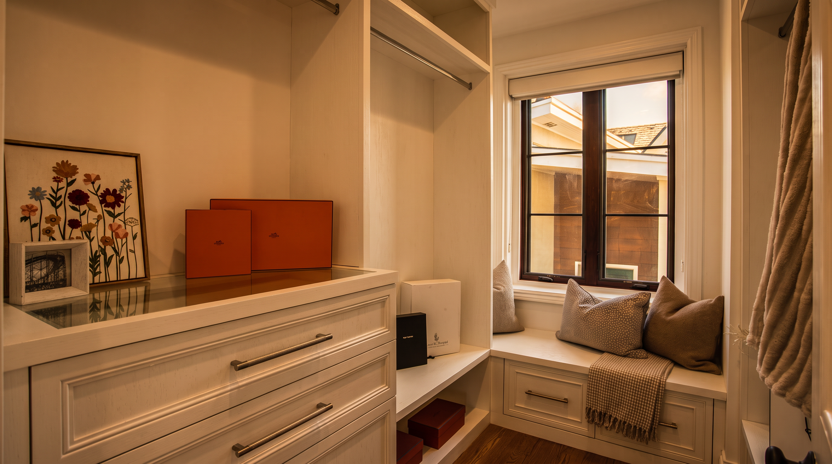 This organized walk-in closet features custom white cabinetry with ample hanging space, drawers, and open shelving. A built-in window seat with storage drawers underneath provides a cozy nook, complemented by decorative pillows and a throw blanket. The space is finished with warm wood flooring and bright, clean lighting, creating a functional and inviting dressing area.