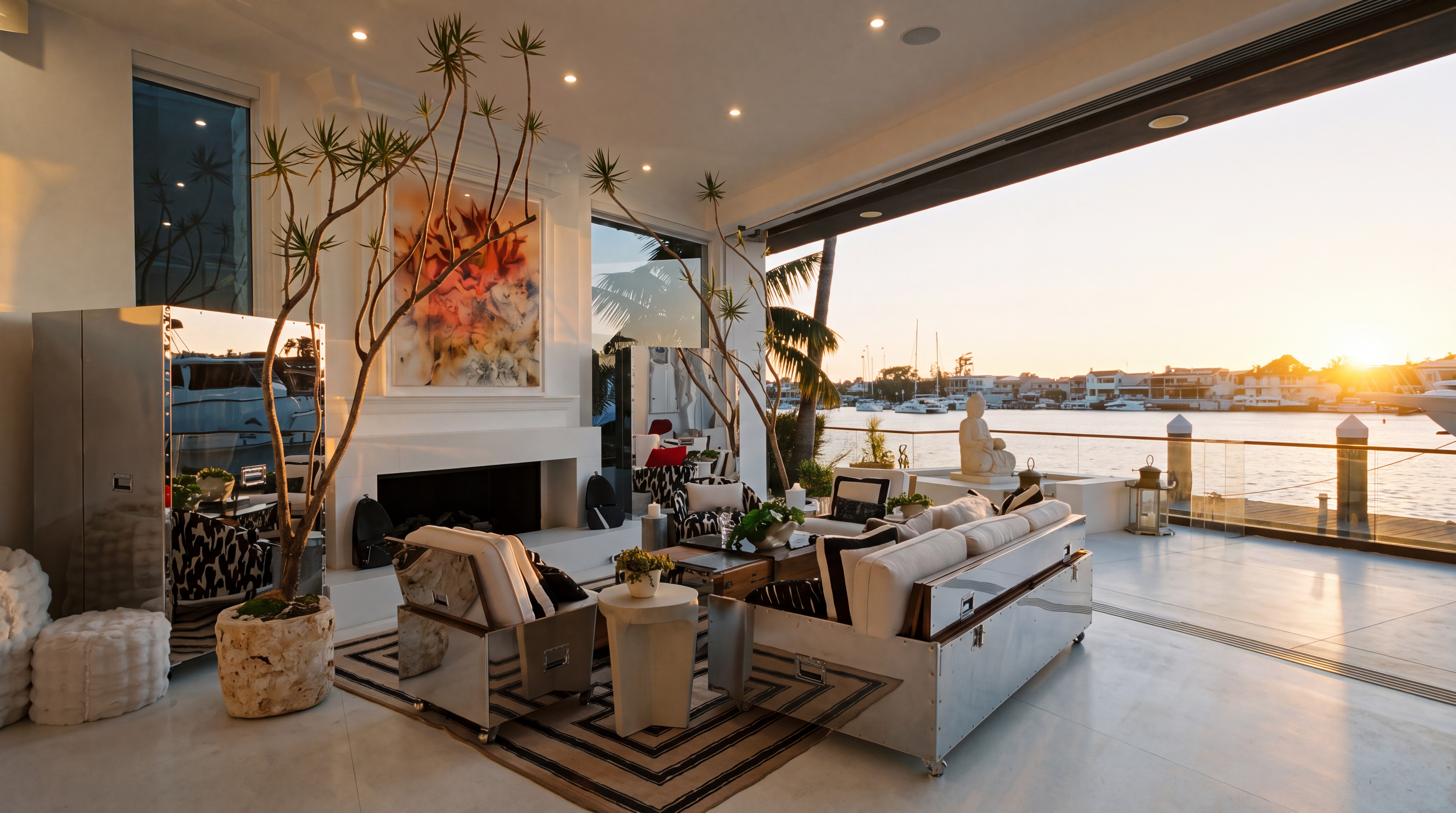 This luxurious indoor-outdoor living space features a seamless transition to a waterfront deck through expansive, retractable glass walls. The room is anchored by a central seating area with modern, metallic-framed furniture and a patterned area rug, positioned before a fireplace with a tall, clean-lined surround. A large, vibrant abstract painting serves as a focal point above the mantel, while potted trees and a decorative Buddha statue add a serene, sophisticated touch to the open-concept design.