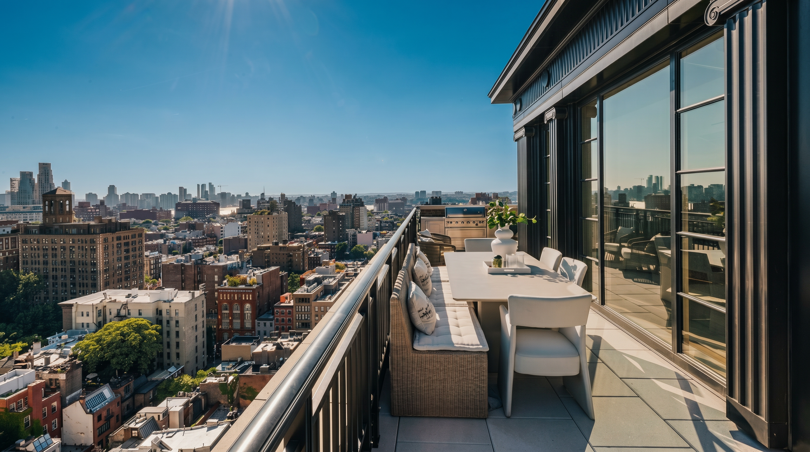 This high-rise balcony offers a sophisticated outdoor dining space with a sleek, modern table and a cushioned bench seat. The area is framed by dark metal railings and large glass doors that provide a seamless transition to the interior, while the expansive city skyline serves as a dramatic backdrop. The bright, sunny atmosphere and clean lines create an inviting and luxurious urban retreat.
