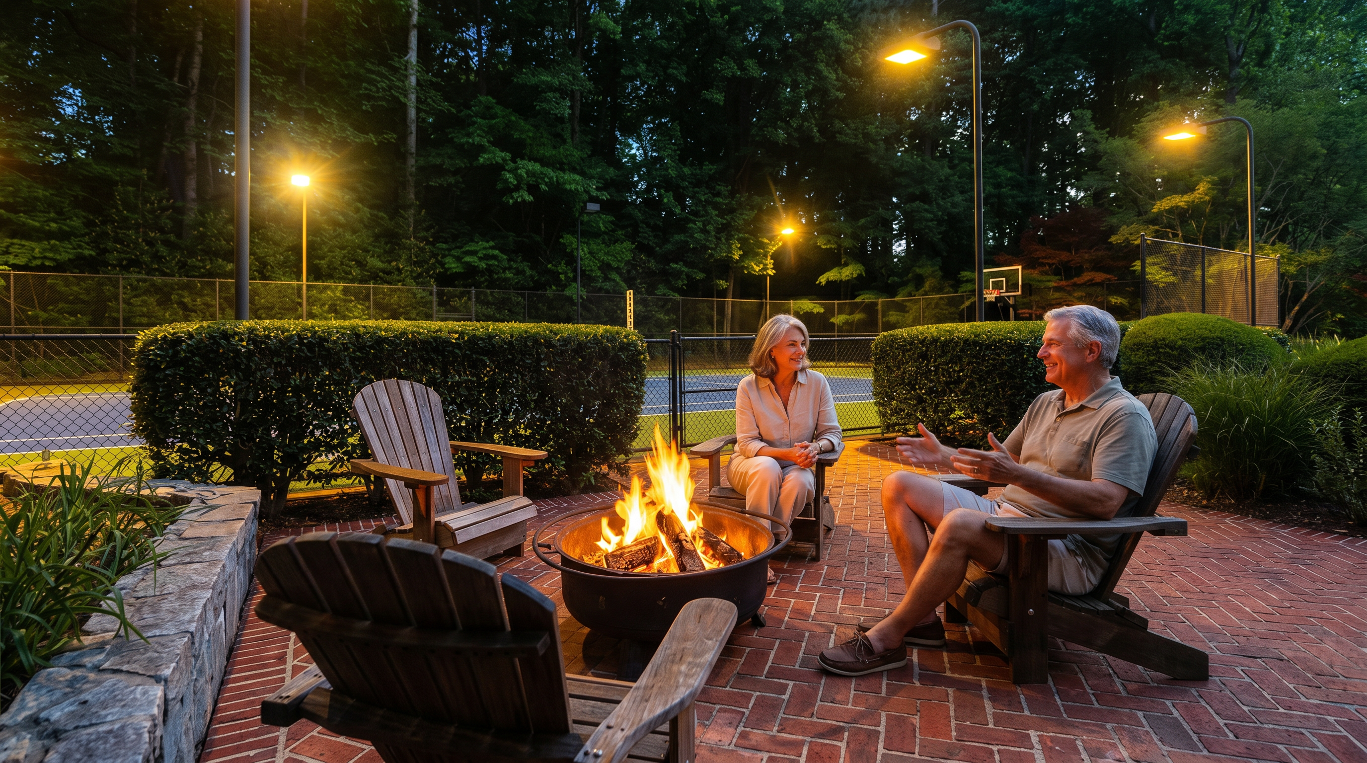 This inviting outdoor patio features a classic herringbone-patterned brick floor and a central fire pit surrounded by four wooden Adirondack chairs. The space is framed by manicured hedges and illuminated by several tall, modern light posts, creating a cozy evening atmosphere. In the background, a fenced tennis court and a basketball hoop are visible, highlighting the recreational amenities of the property.