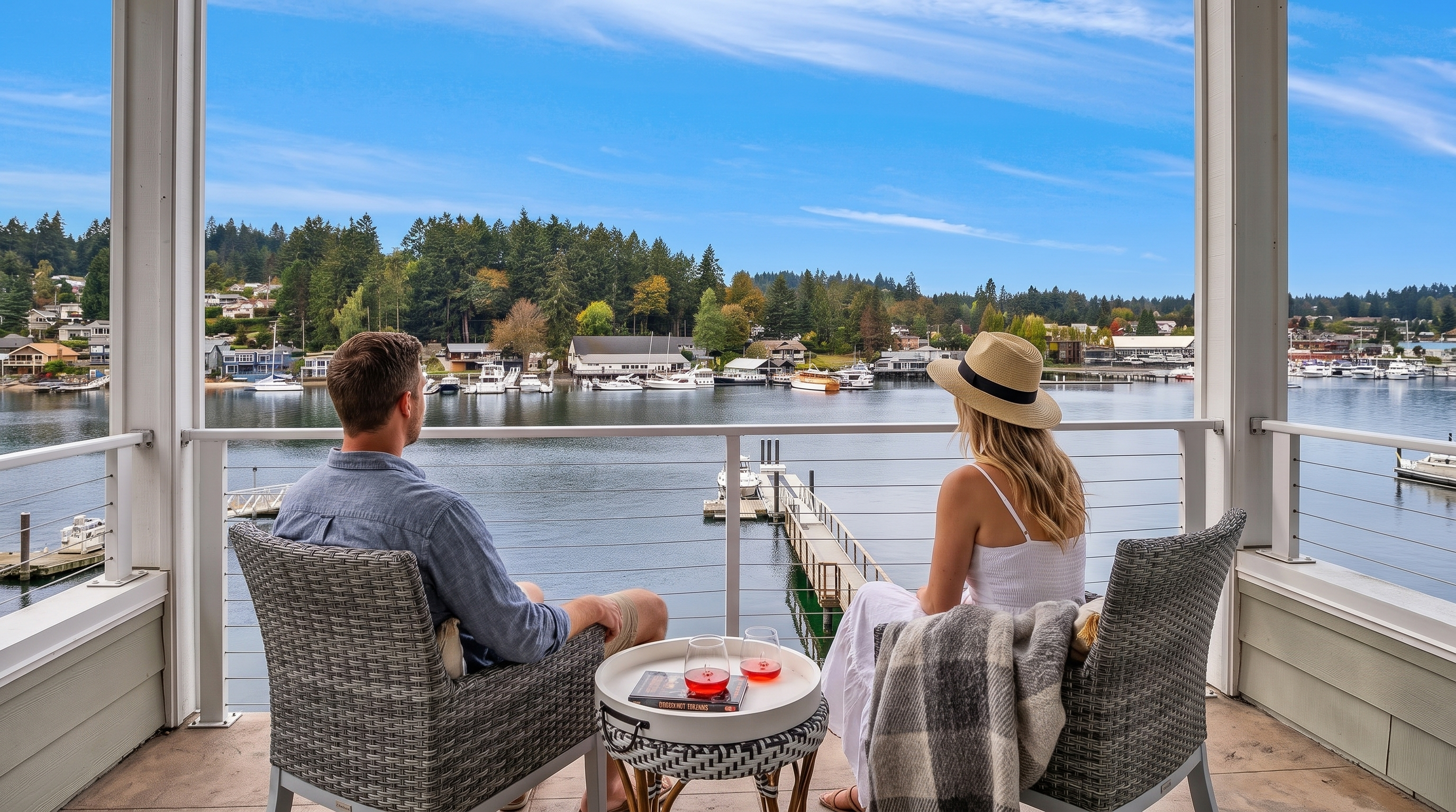 This elevated balcony offers a serene, panoramic view of a calm harbor filled with boats and a private wooden pier. The space is furnished with two comfortable wicker chairs and a small round table holding two glasses of wine, creating an inviting atmosphere for relaxation. The scene is framed by a modern cable railing, emphasizing the expansive waterfront vista and the lush, tree-lined shoreline in the distance.